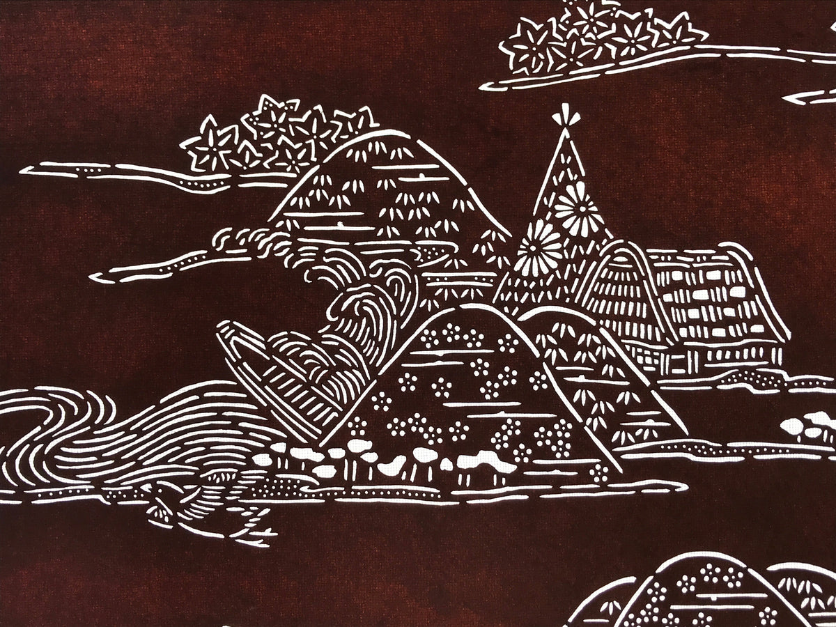 Antique Japanese Katagami Kimono Paper Stencil Mountain Village Bird 4Y485