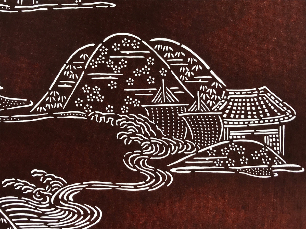 Antique Japanese Katagami Kimono Paper Stencil Mountain Village Bird 4Y485