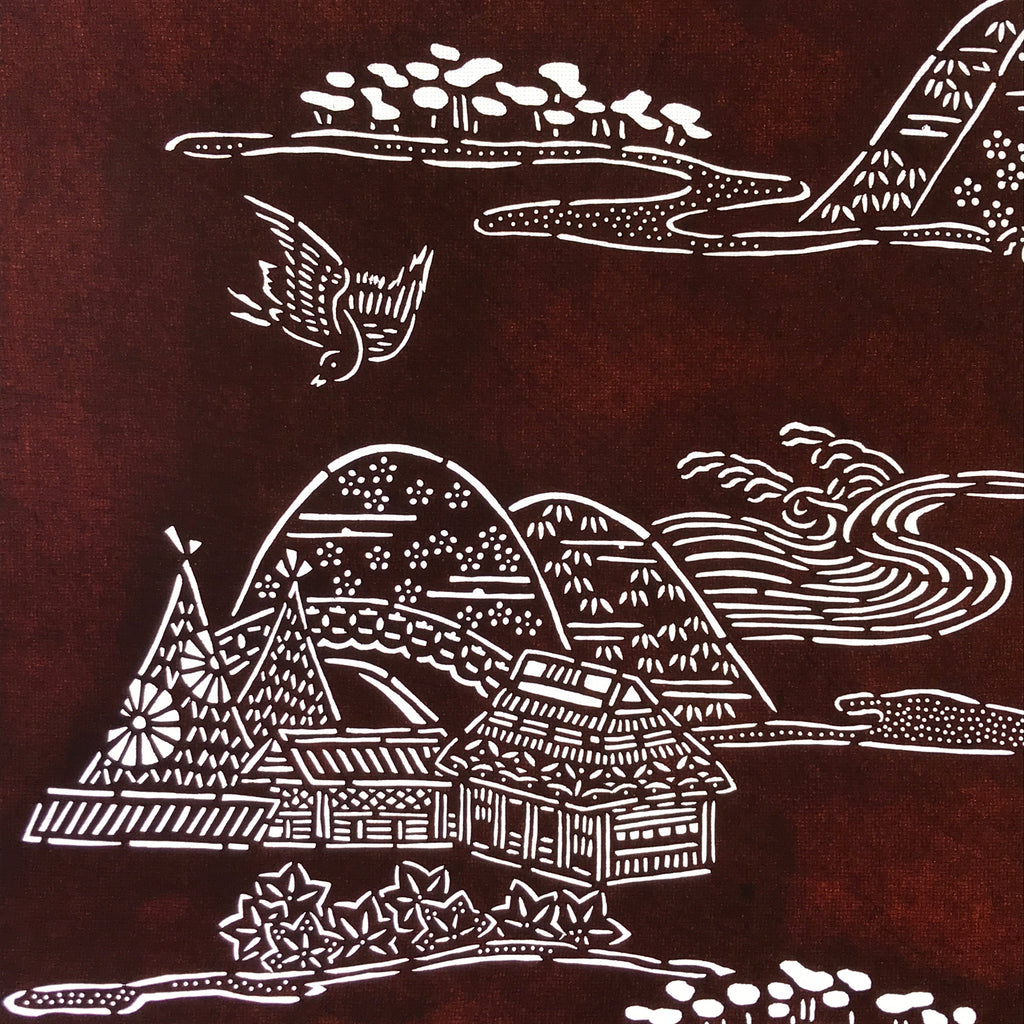 Antique Japanese Katagami Kimono Paper Stencil Mountain Village Bird 4Y485