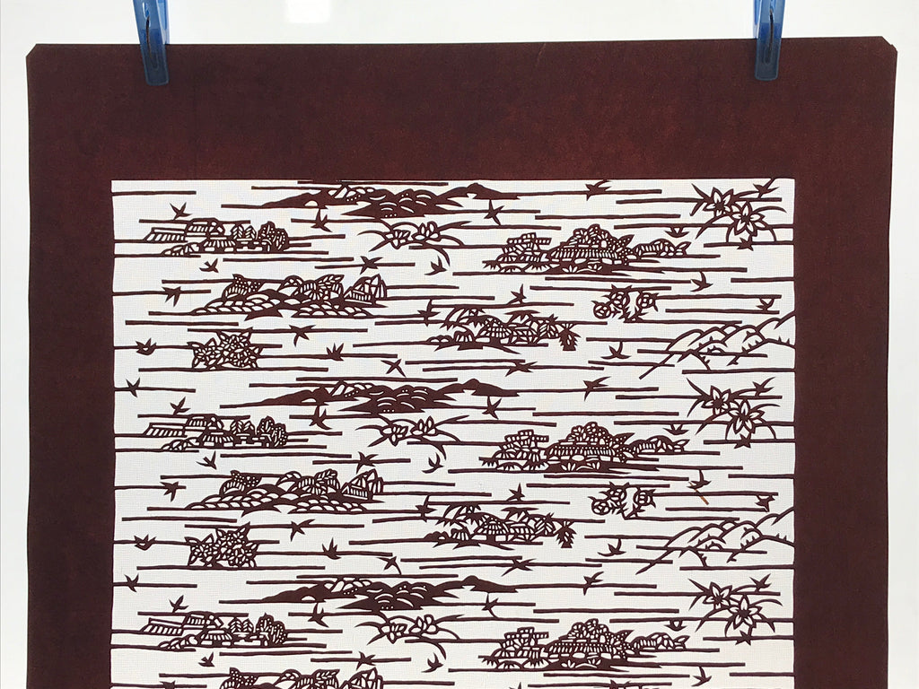 Antique Japanese Katagami Kimono Paper Stencil Mountain Village Hydrangea 4Y479