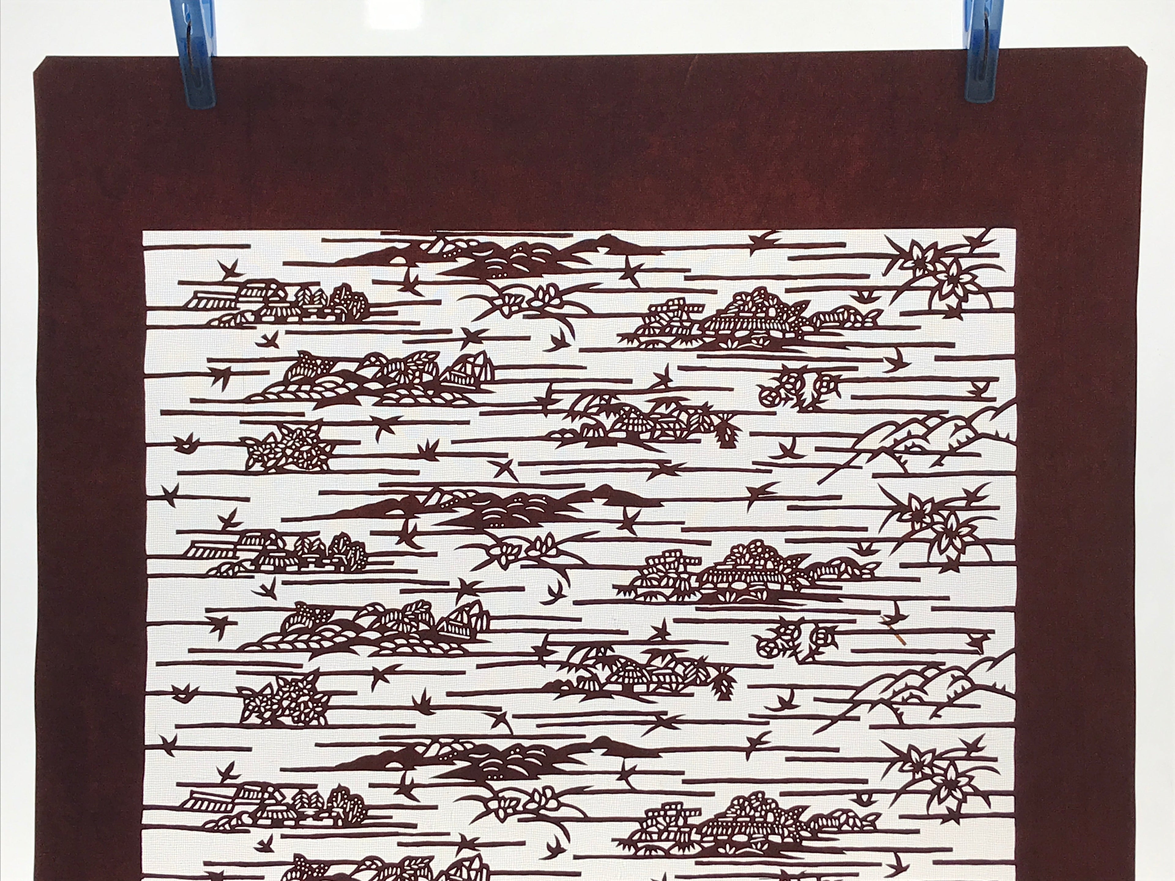 Antique Japanese Katagami Kimono Paper Stencil Mountain Village Hydrangea 4Y479
