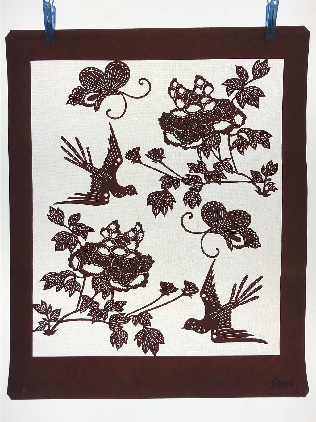 Antique Japanese Katagami Kimono Paper Stencil Peony Flower Butterfly 4Y480