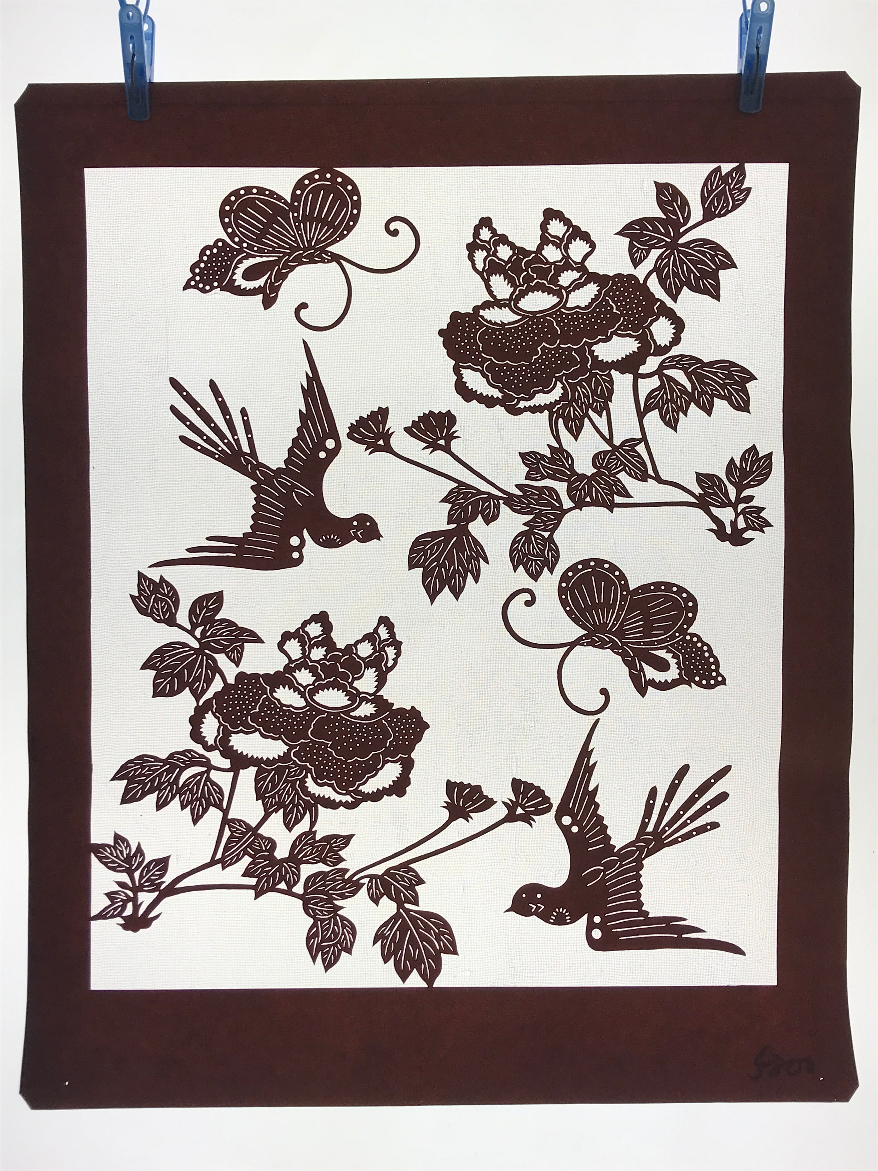 Antique Japanese Katagami Kimono Paper Stencil Peony Flower Butterfly 4Y480