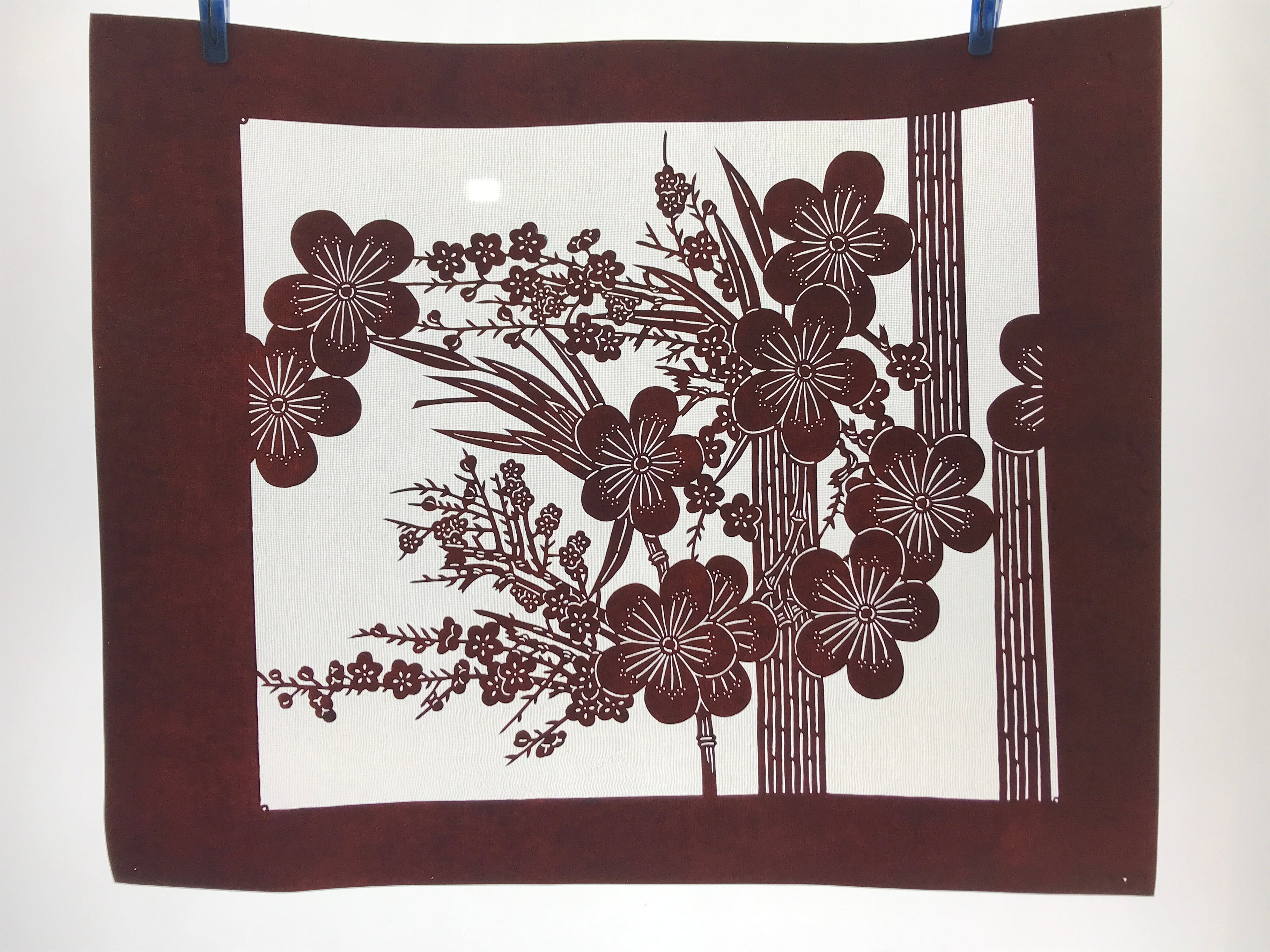 Antique Japanese Katagami Kimono Paper Stencil Plum Blossom Bamboo 4Y470