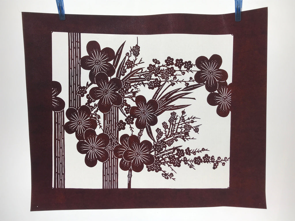 Antique Japanese Katagami Kimono Paper Stencil Plum Blossom Bamboo 4Y470