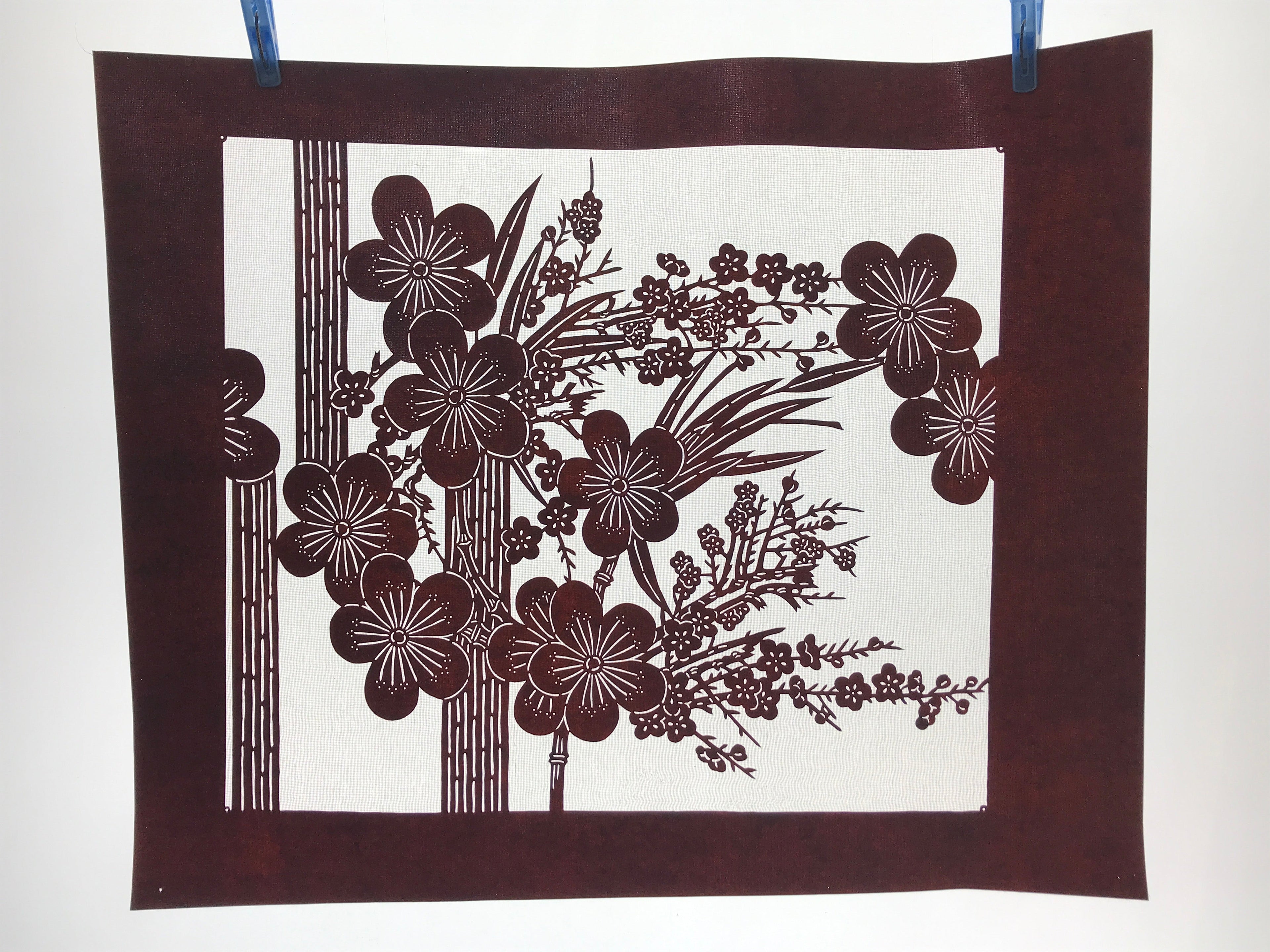 Antique Japanese Katagami Kimono Paper Stencil Plum Blossom Bamboo 4Y470