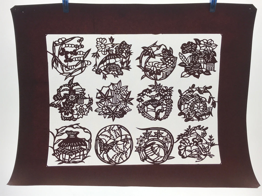 Antique Japanese Katagami Kimono Paper Stencil Village Life Flowers 4Y492