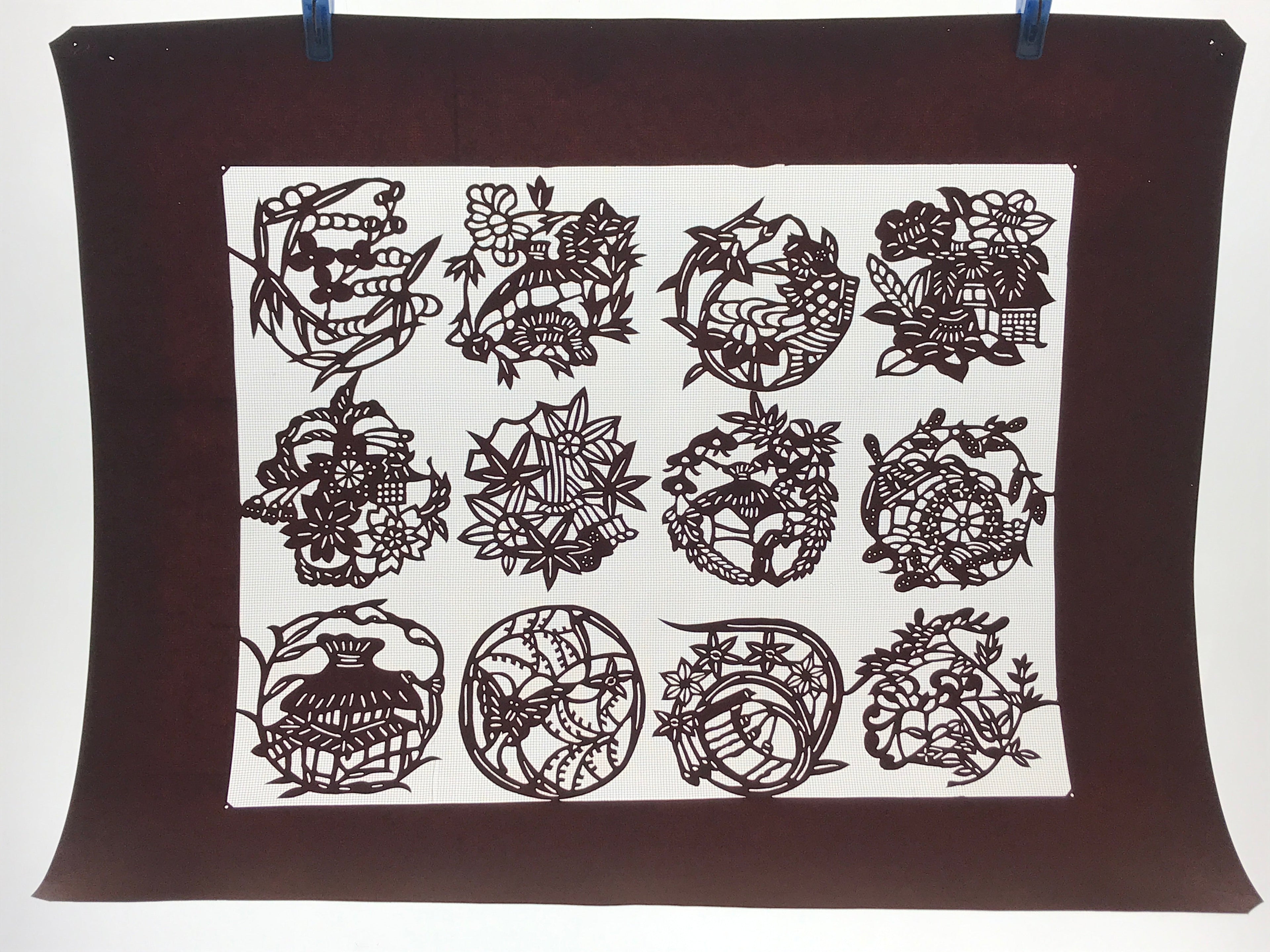 Antique Japanese Katagami Kimono Paper Stencil Village Life Flowers 4Y492