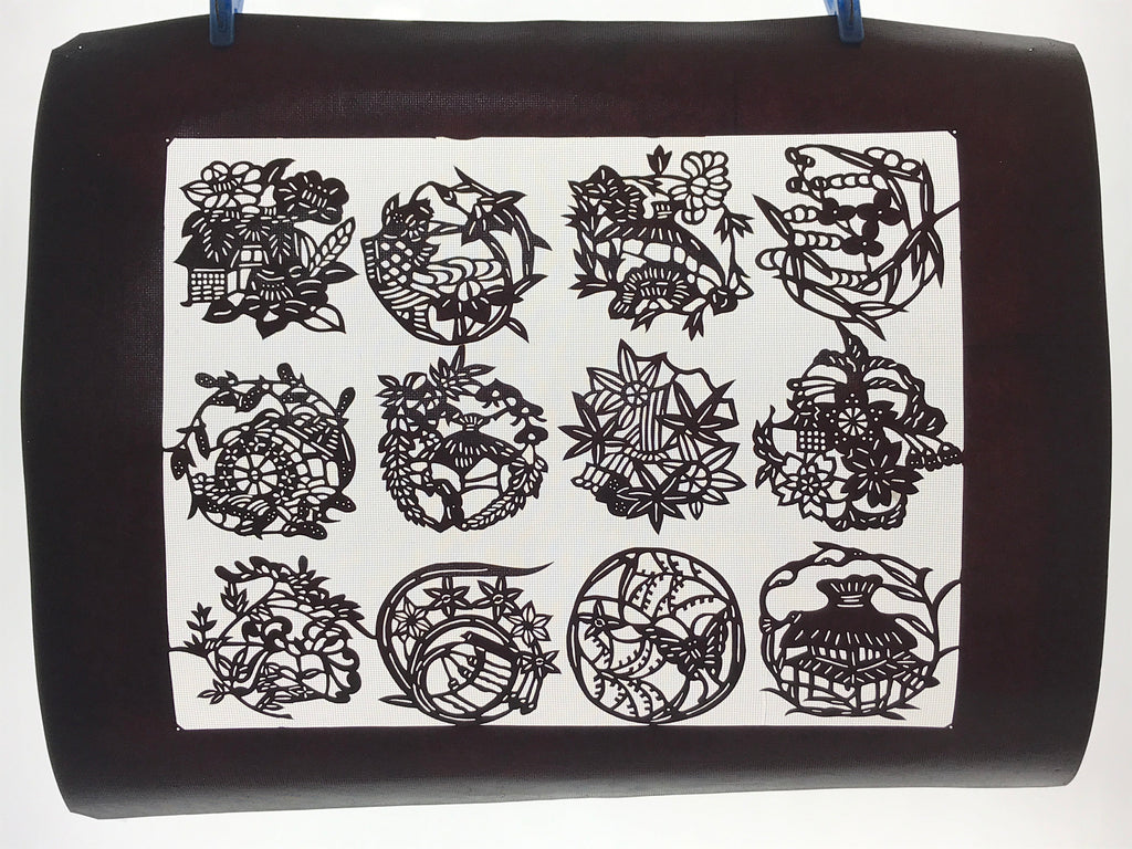 Antique Japanese Katagami Kimono Paper Stencil Village Life Flowers 4Y492