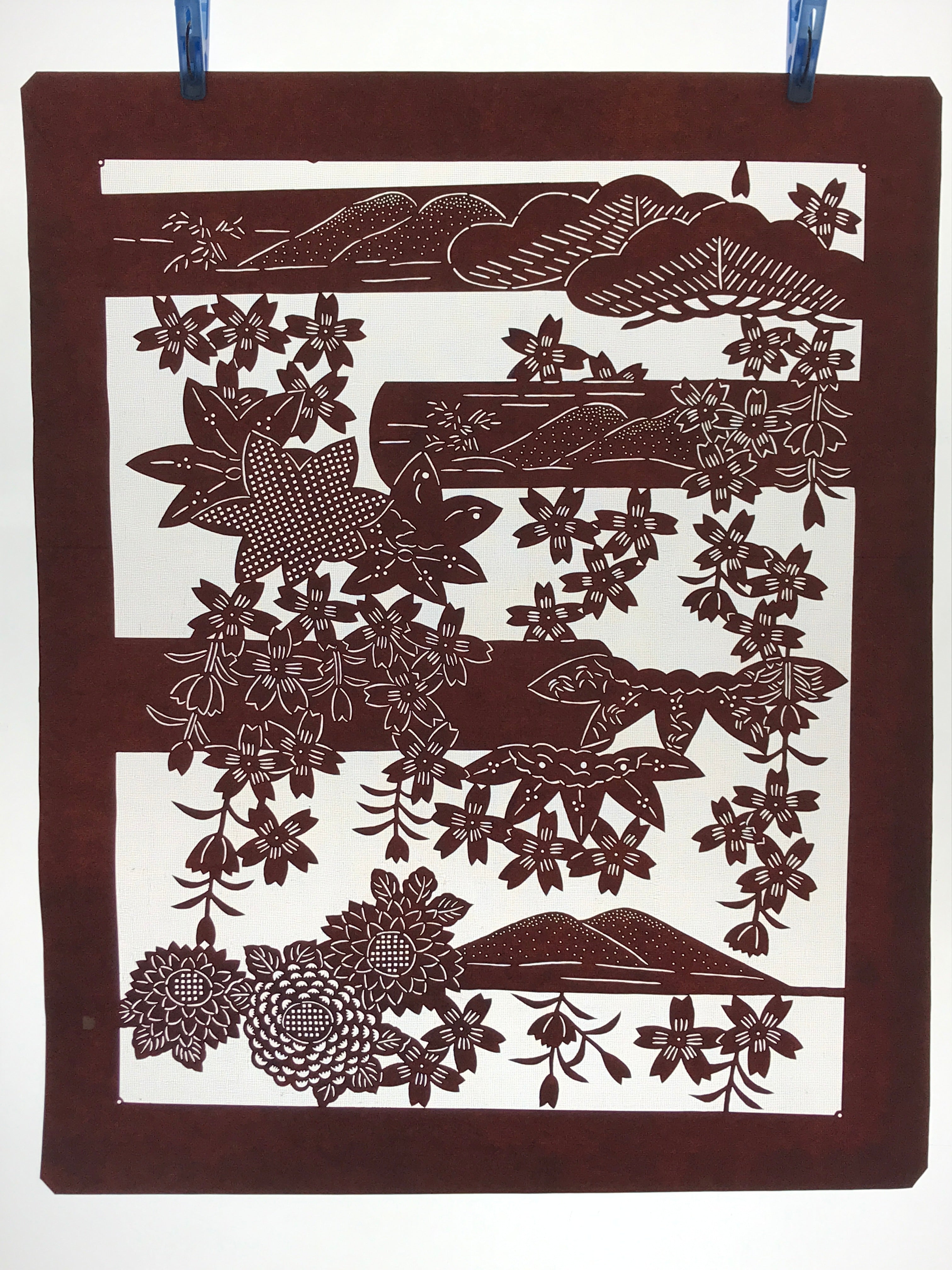 Antique Japanese Katagami Kimono Stencil Cherry Blossom Chrysanthemum 4Y496