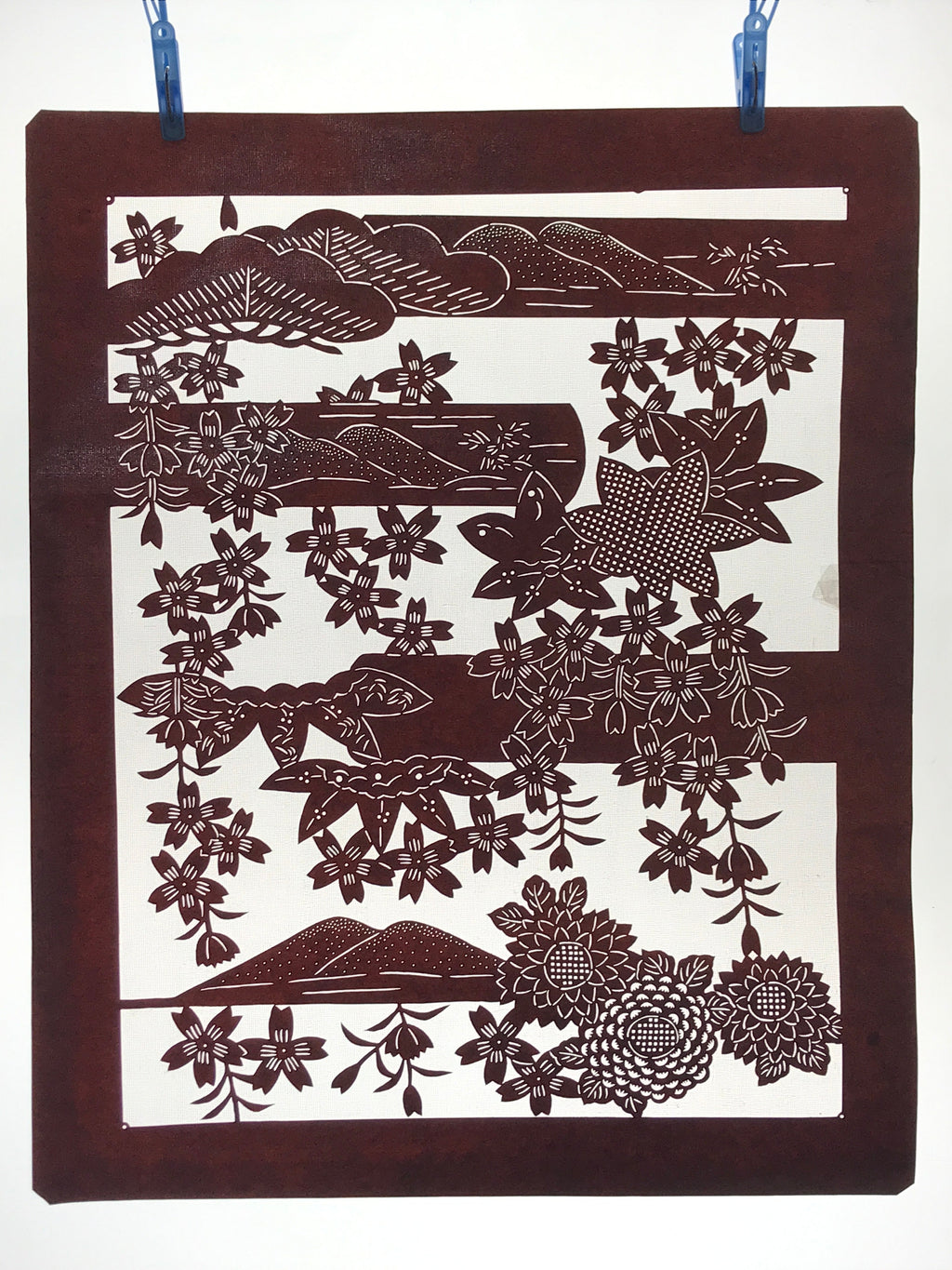 Antique Japanese Katagami Kimono Stencil Cherry Blossom Chrysanthemum 4Y496