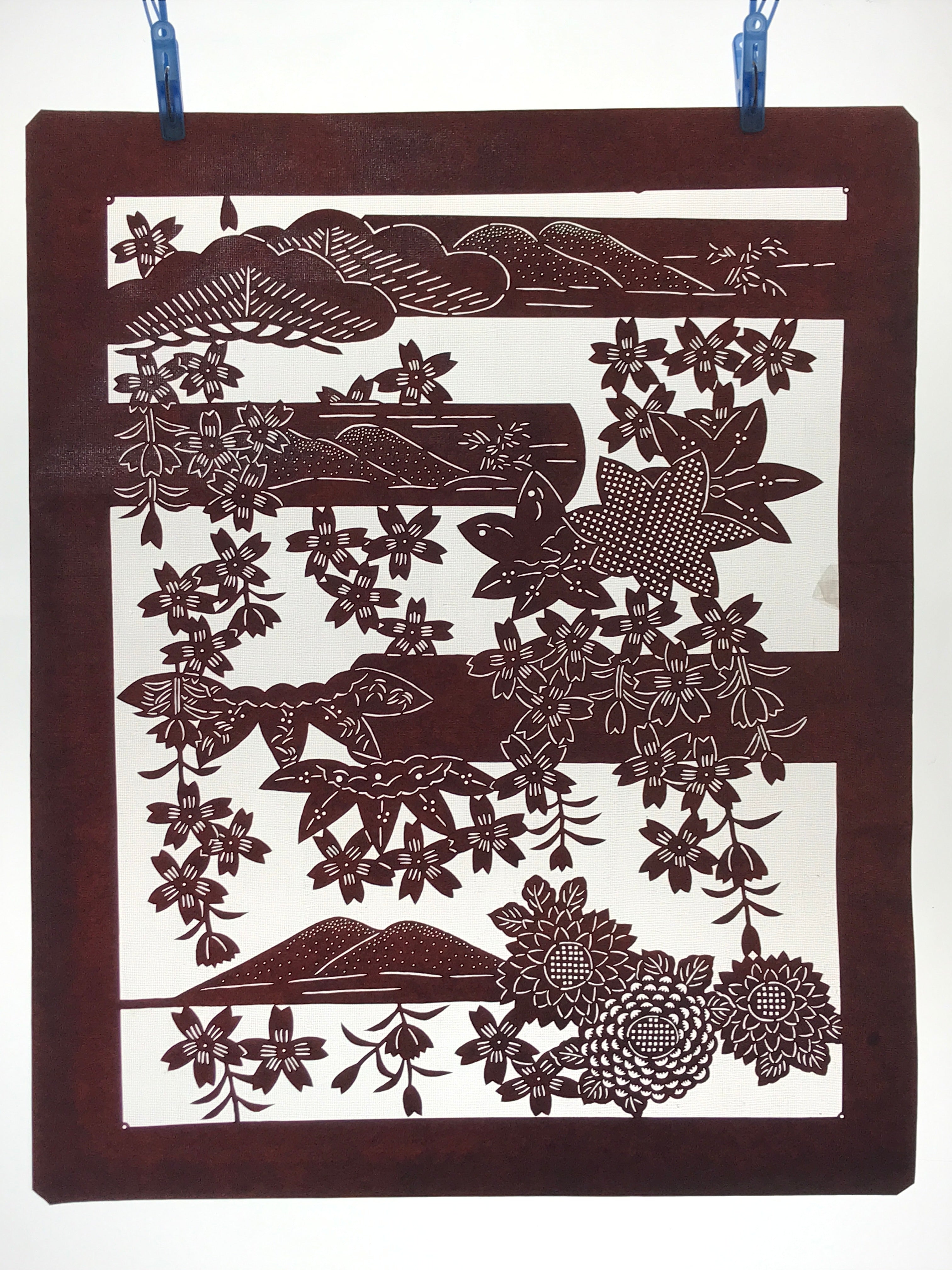 Antique Japanese Katagami Kimono Stencil Cherry Blossom Chrysanthemum 4Y496