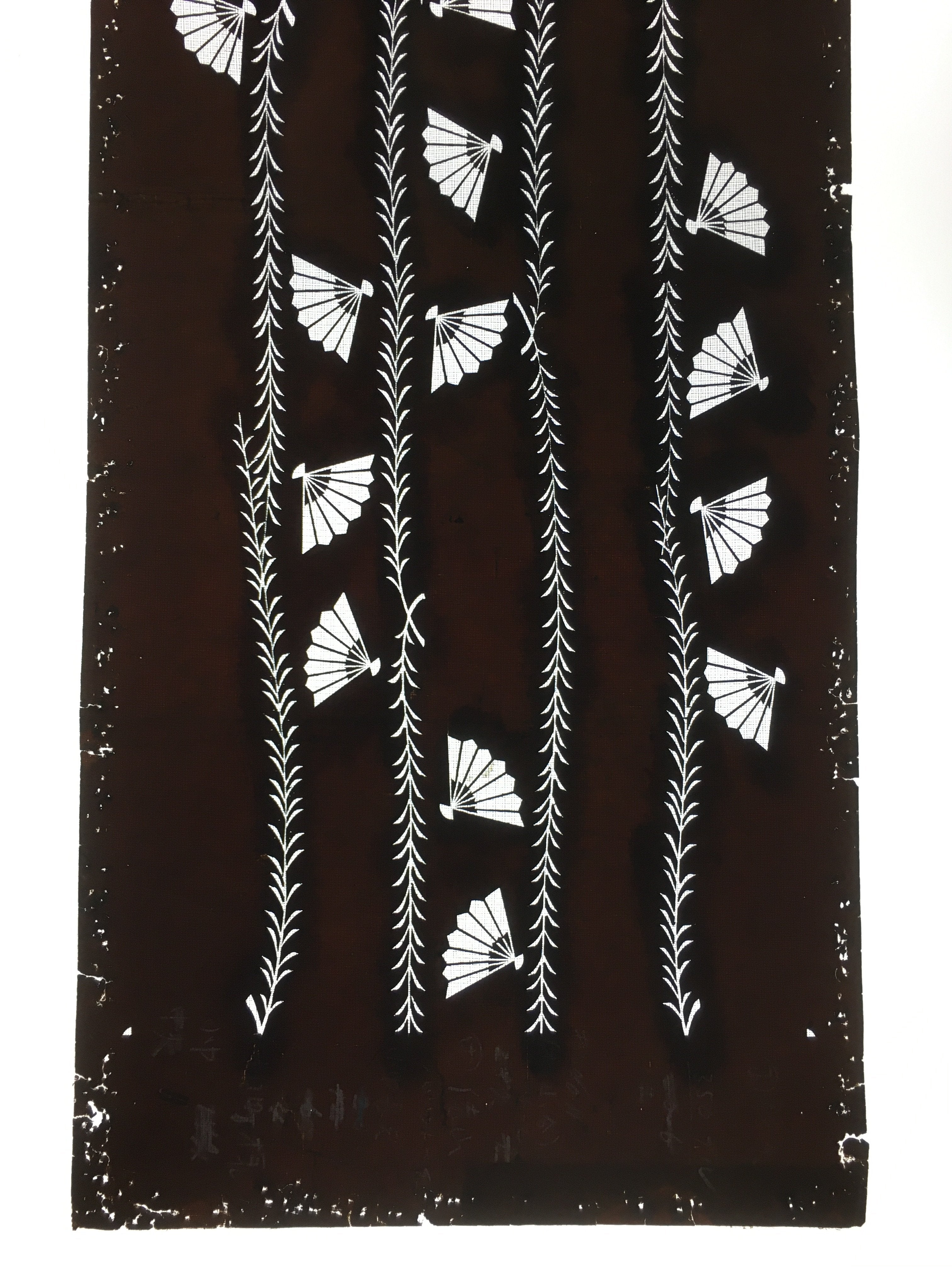 Antique Japanese Katagami Kimono Stencil Katazome Leaf Line Folding Fan C742