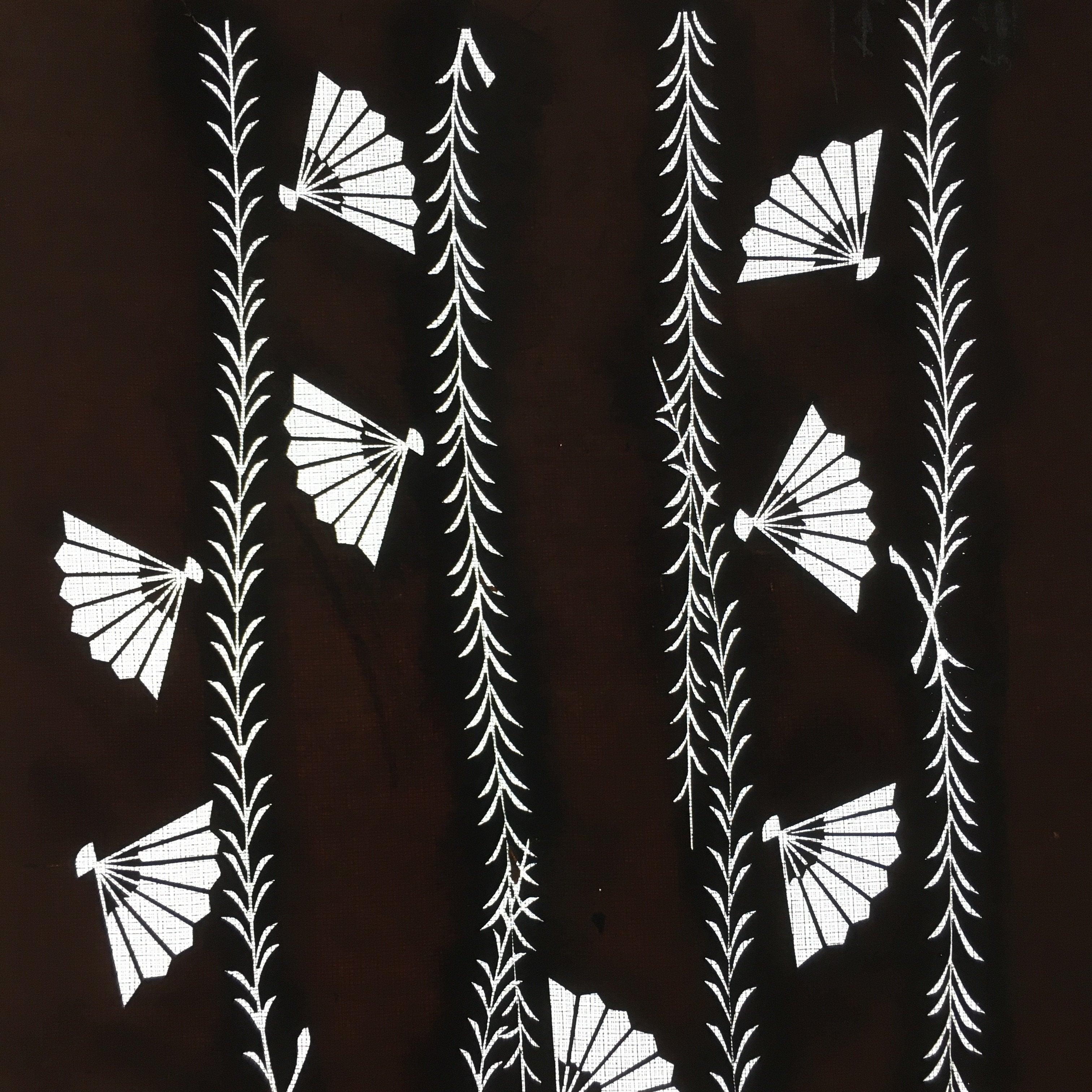 Antique Japanese Katagami Kimono Stencil Katazome Leaf Line Folding Fan C742