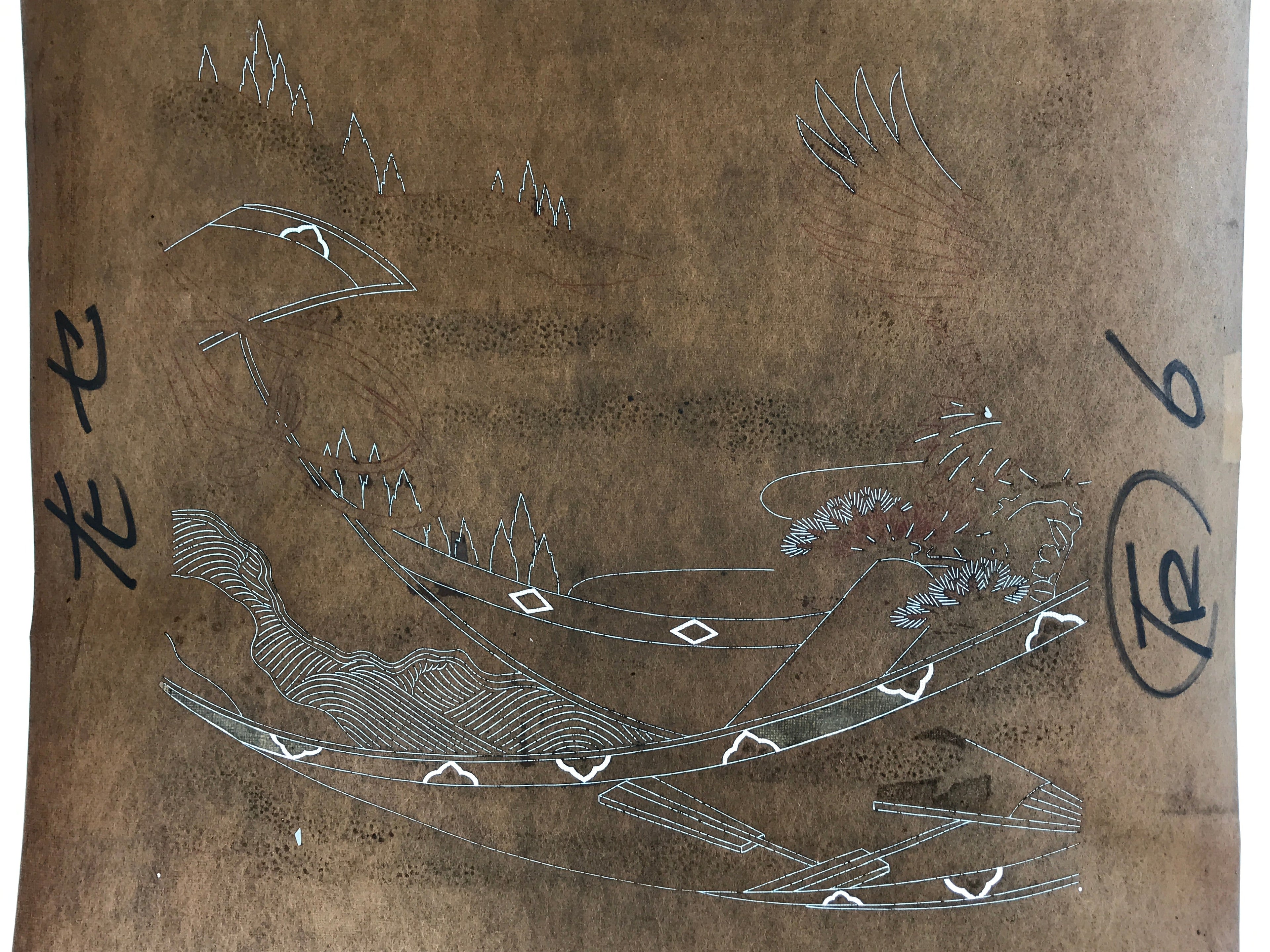 Antique Japanese Katagami Kimono Stencil Katazome Meiji Landscape 4Y441