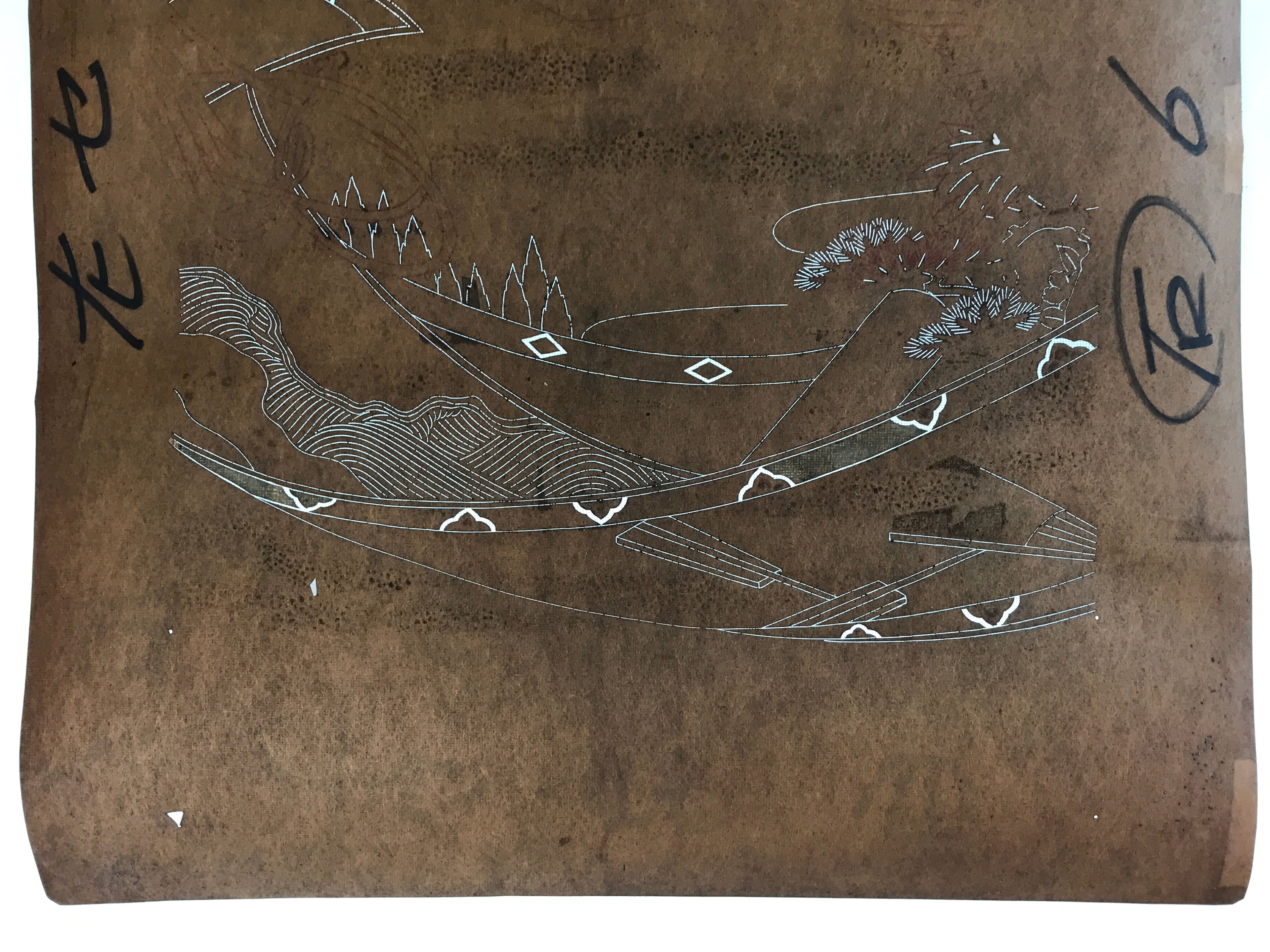 Antique Japanese Katagami Kimono Stencil Katazome Meiji Landscape 4Y441