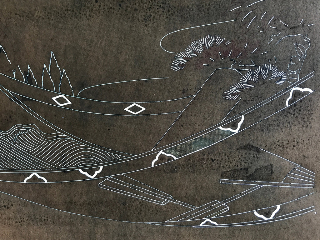 Antique Japanese Katagami Kimono Stencil Katazome Meiji Landscape 4Y441