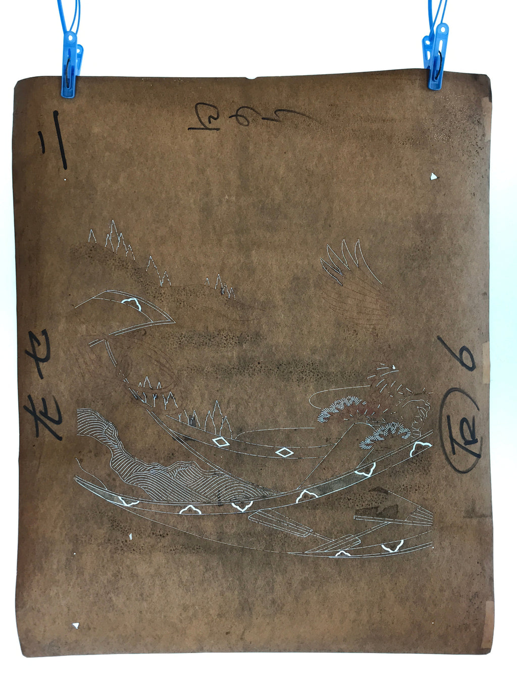 Antique Japanese Katagami Kimono Stencil Katazome Meiji Landscape 4Y441