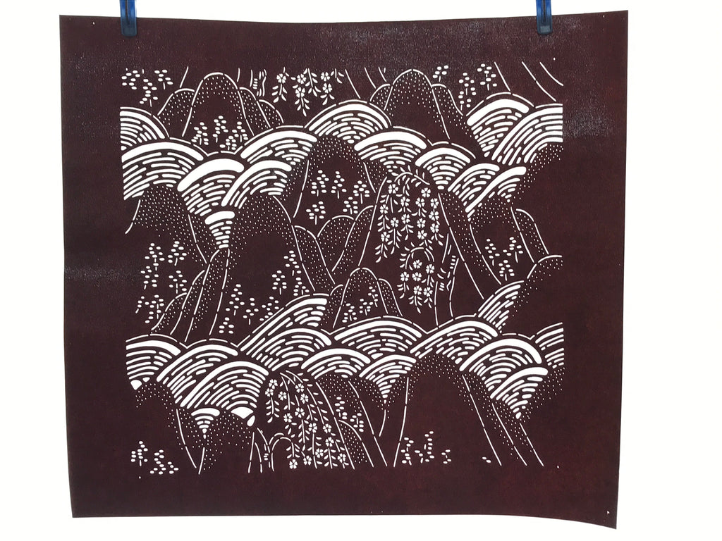 Antique Japanese Katagami Kimono Stencil Katazome Mountain Valley Forest 4Y498