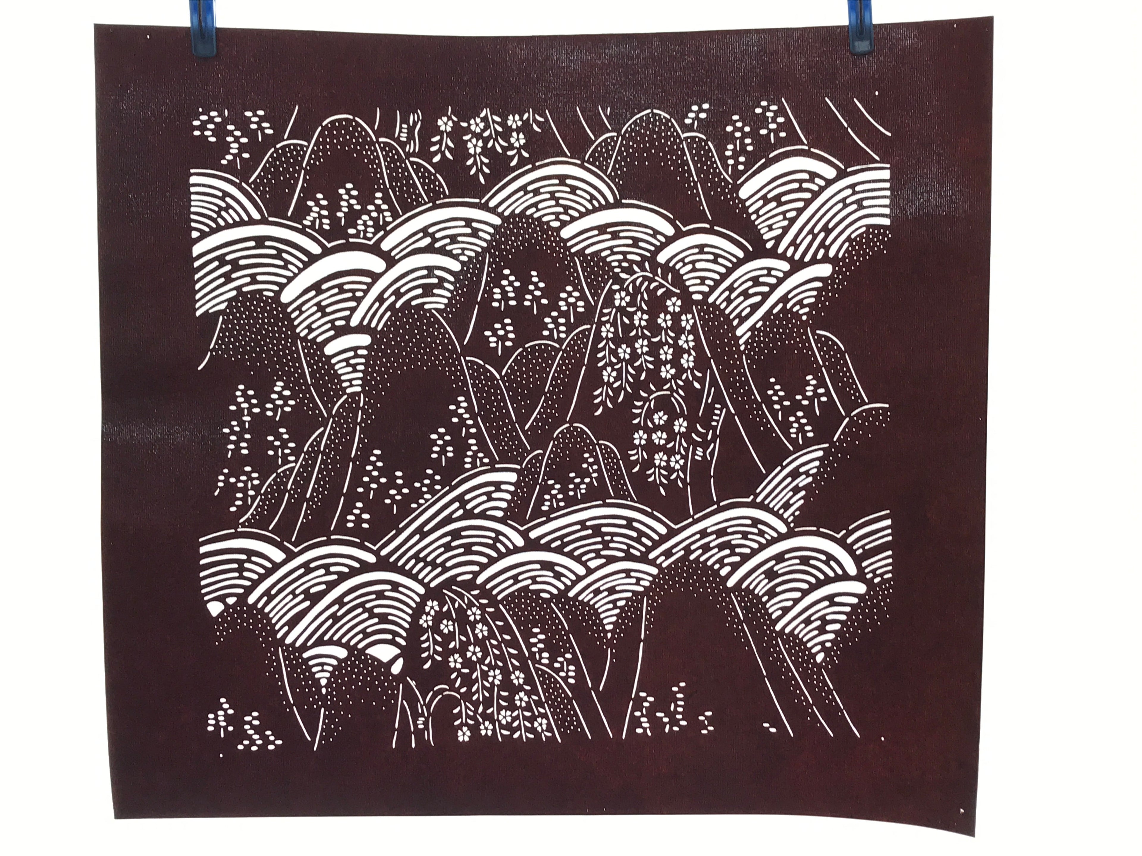Antique Japanese Katagami Kimono Stencil Katazome Mountain Valley Forest 4Y498