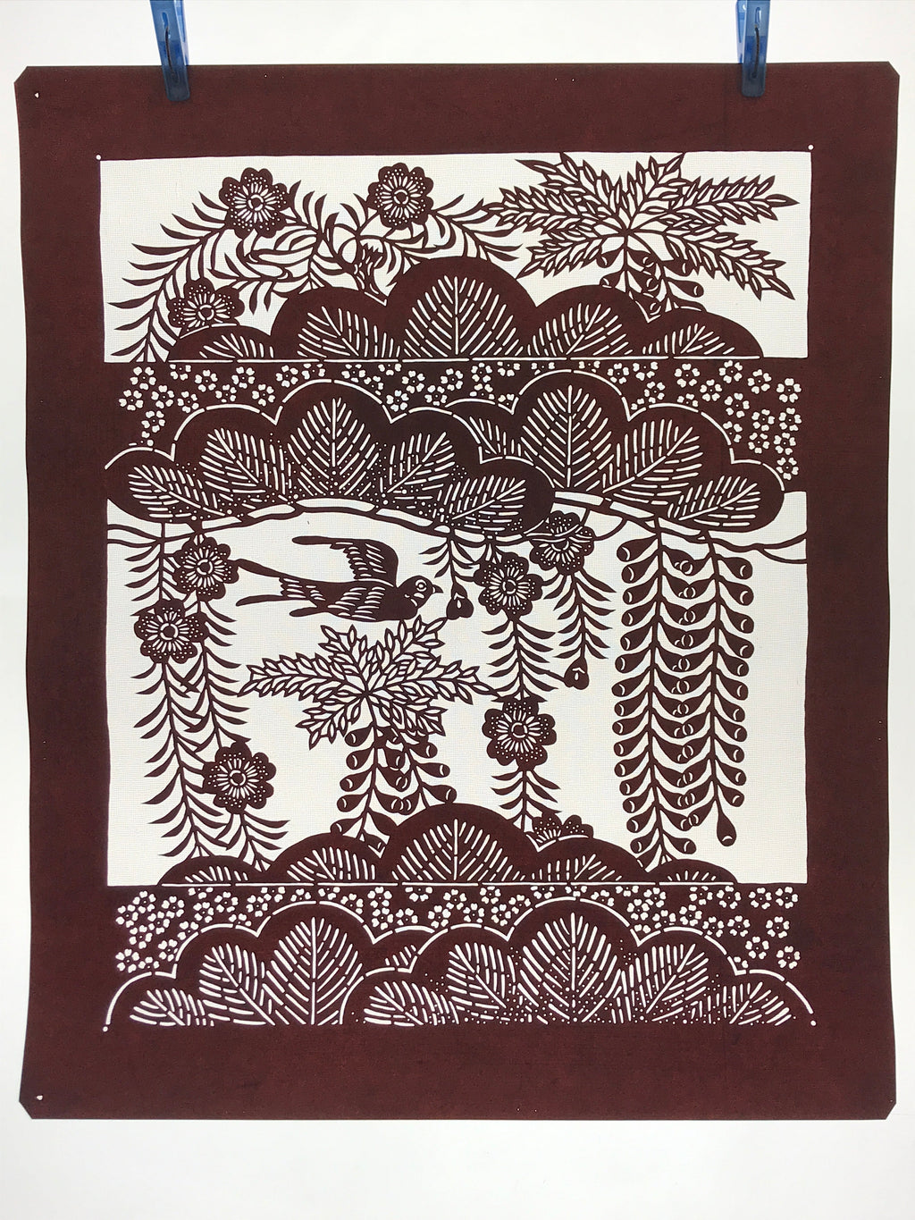 Antique Japanese Katagami Kimono Stencil Pine Wisteria Cherry Blossom 4Y495