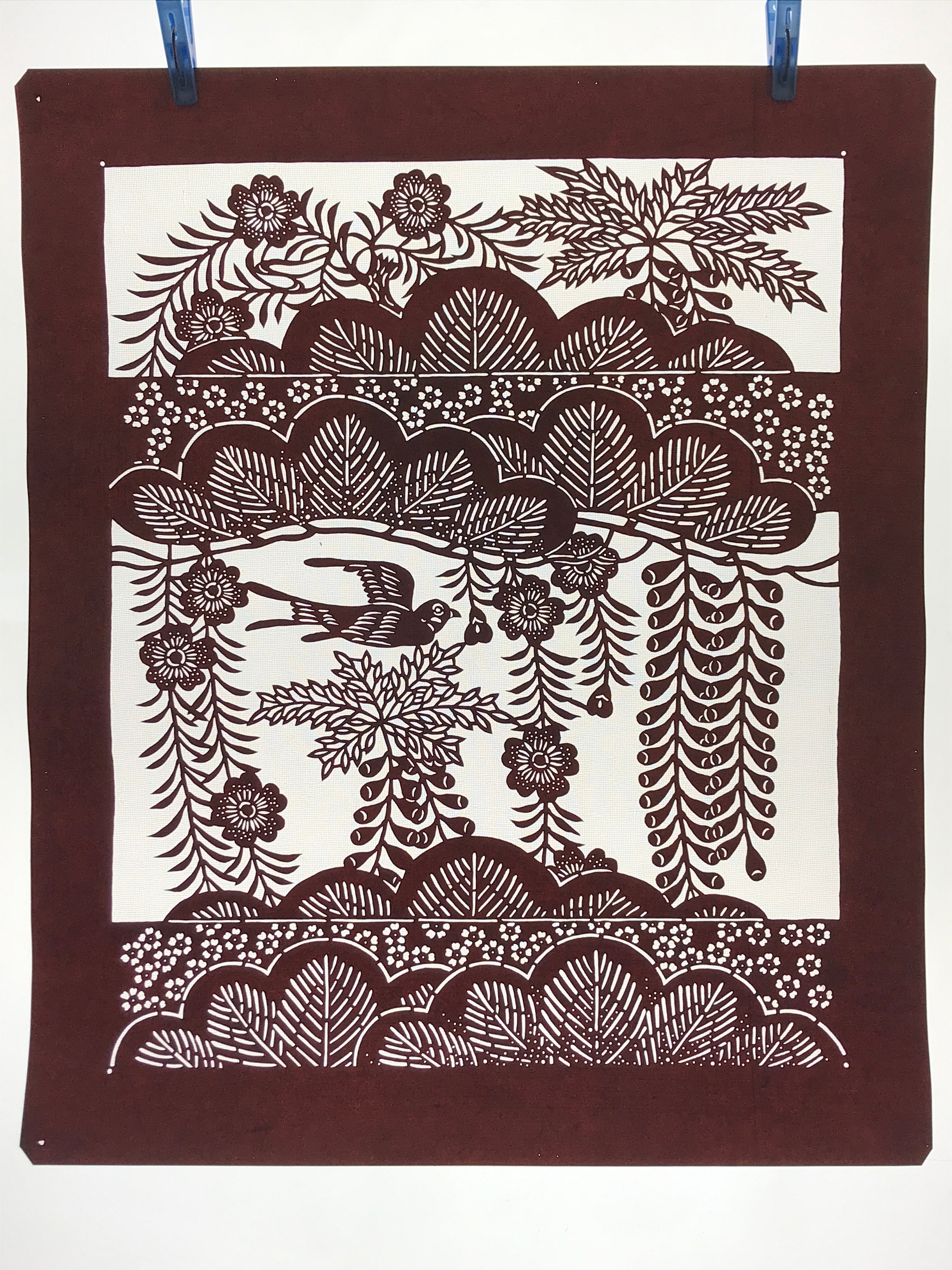 Antique Japanese Katagami Kimono Stencil Pine Wisteria Cherry Blossom 4Y495