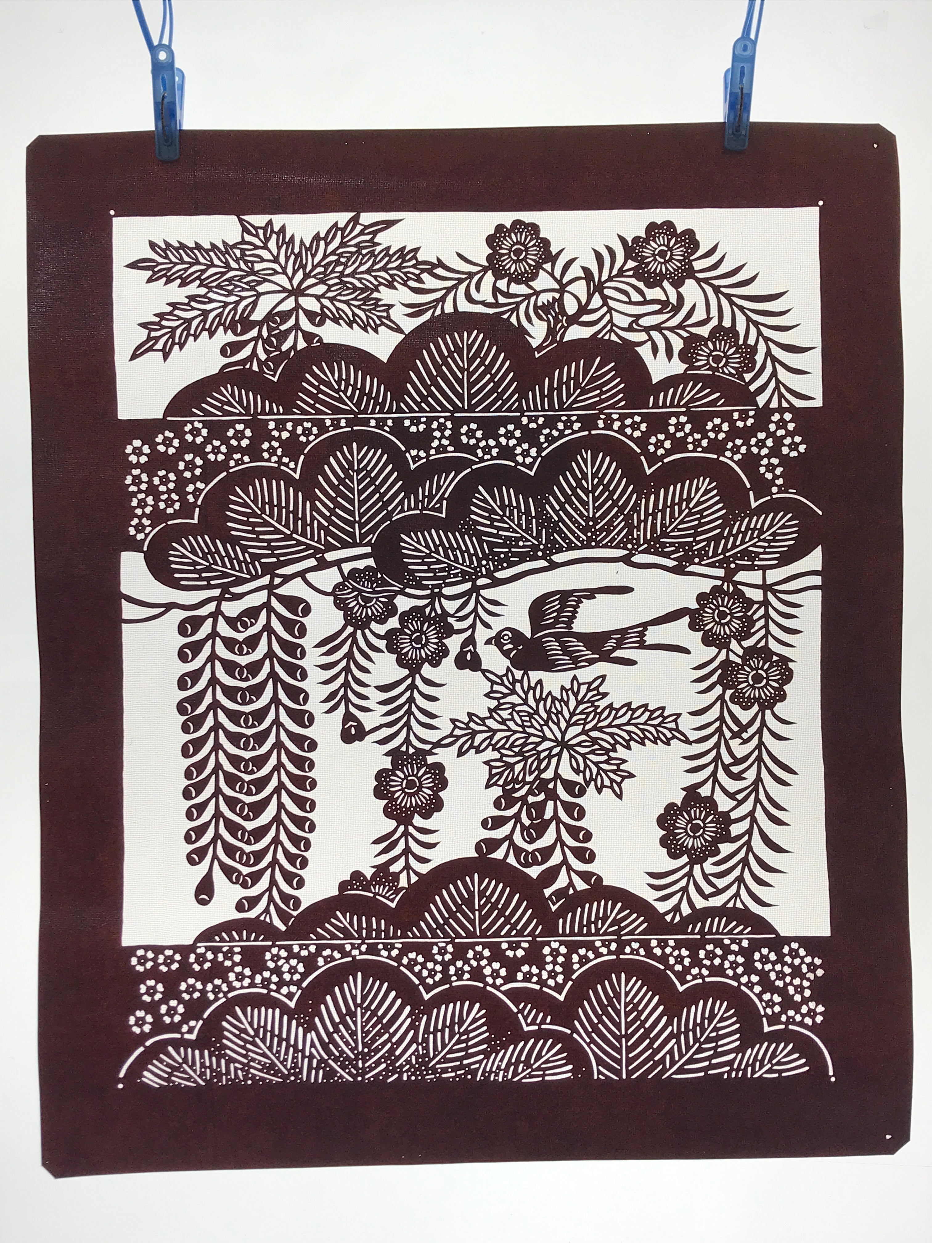 Antique Japanese Katagami Kimono Stencil Pine Wisteria Cherry Blossom 4Y495