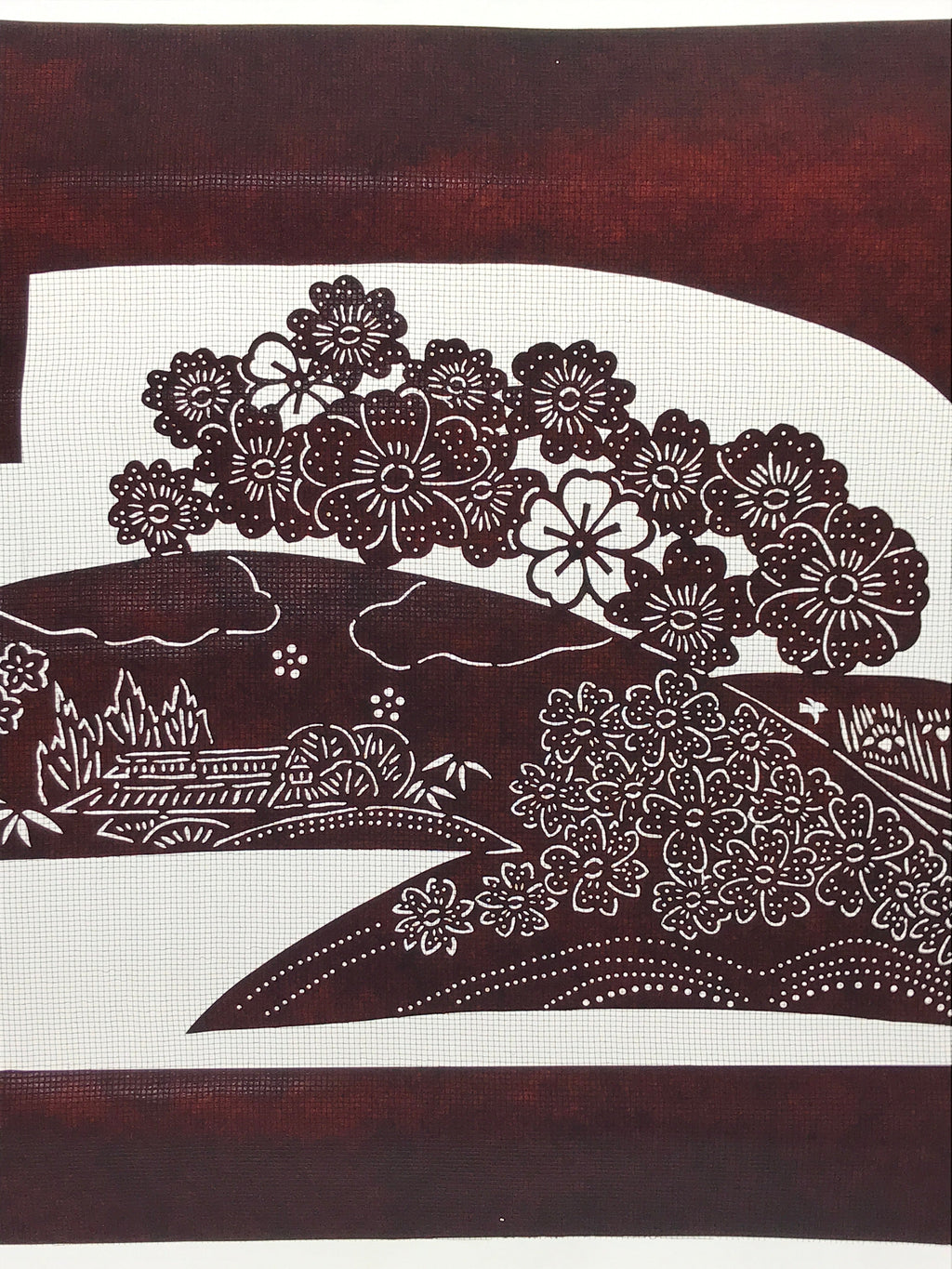 Antique Japanese Katagami Paper Kimono Stencil Cherry Blossom Village Iris A630