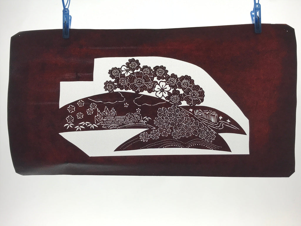 Antique Japanese Katagami Paper Kimono Stencil Cherry Blossom Village Iris A630