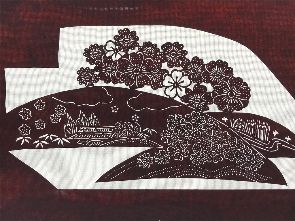 Antique Japanese Katagami Paper Kimono Stencil Cherry Blossom Village Iris A630