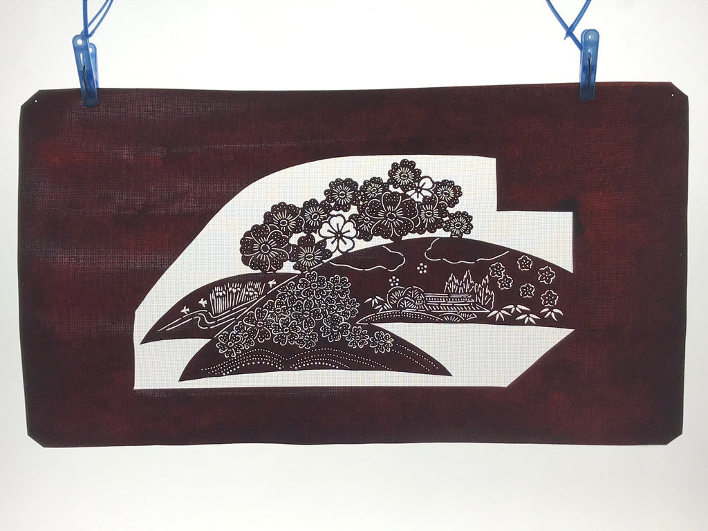 Antique Japanese Katagami Paper Kimono Stencil Cherry Blossom Village Iris A634