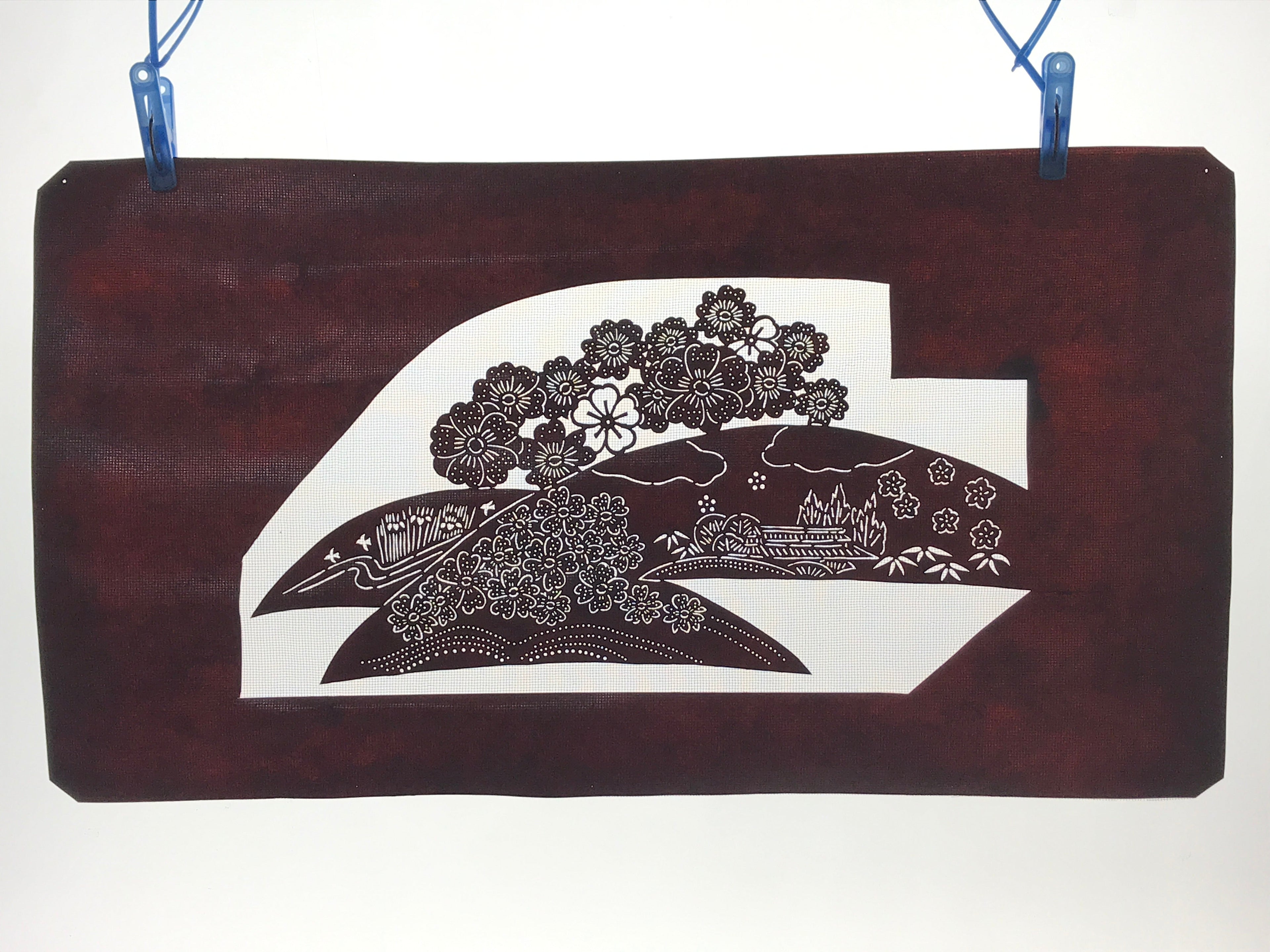 Antique Japanese Katagami Paper Kimono Stencil Cherry Blossom Village Iris A634