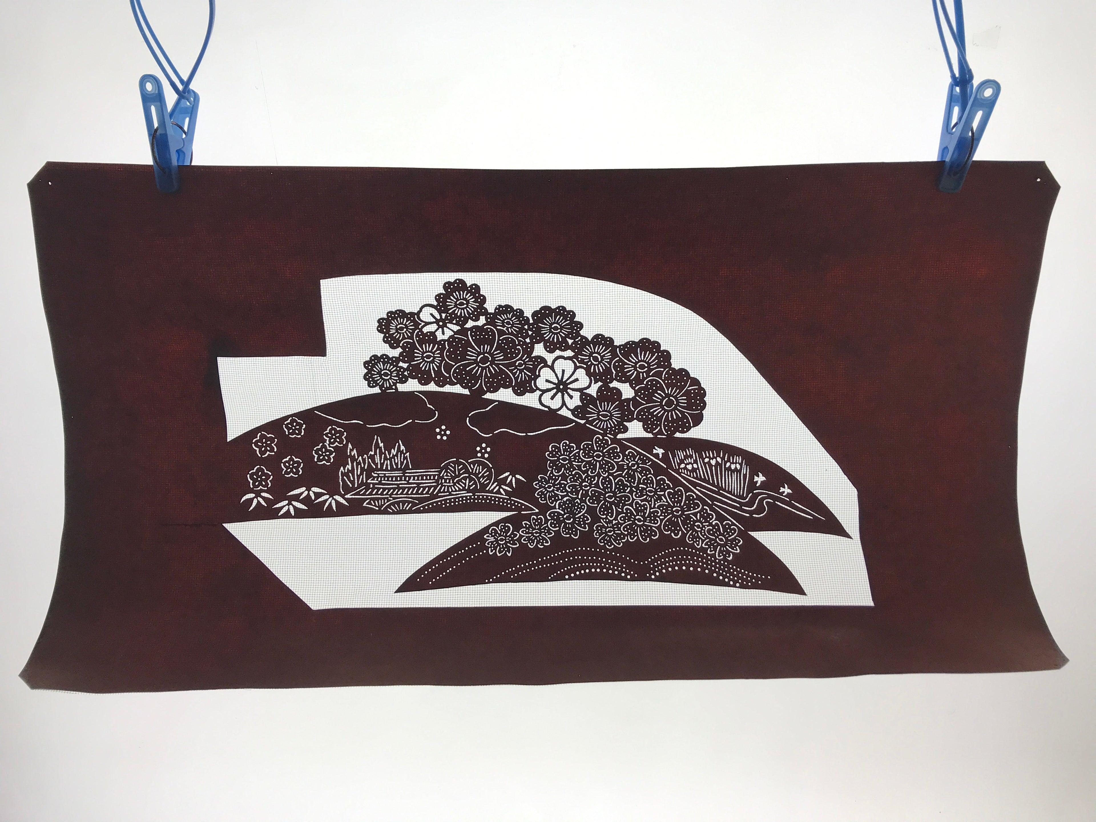 Antique Japanese Katagami Paper Kimono Stencil Cherry Blossom Village Iris A634