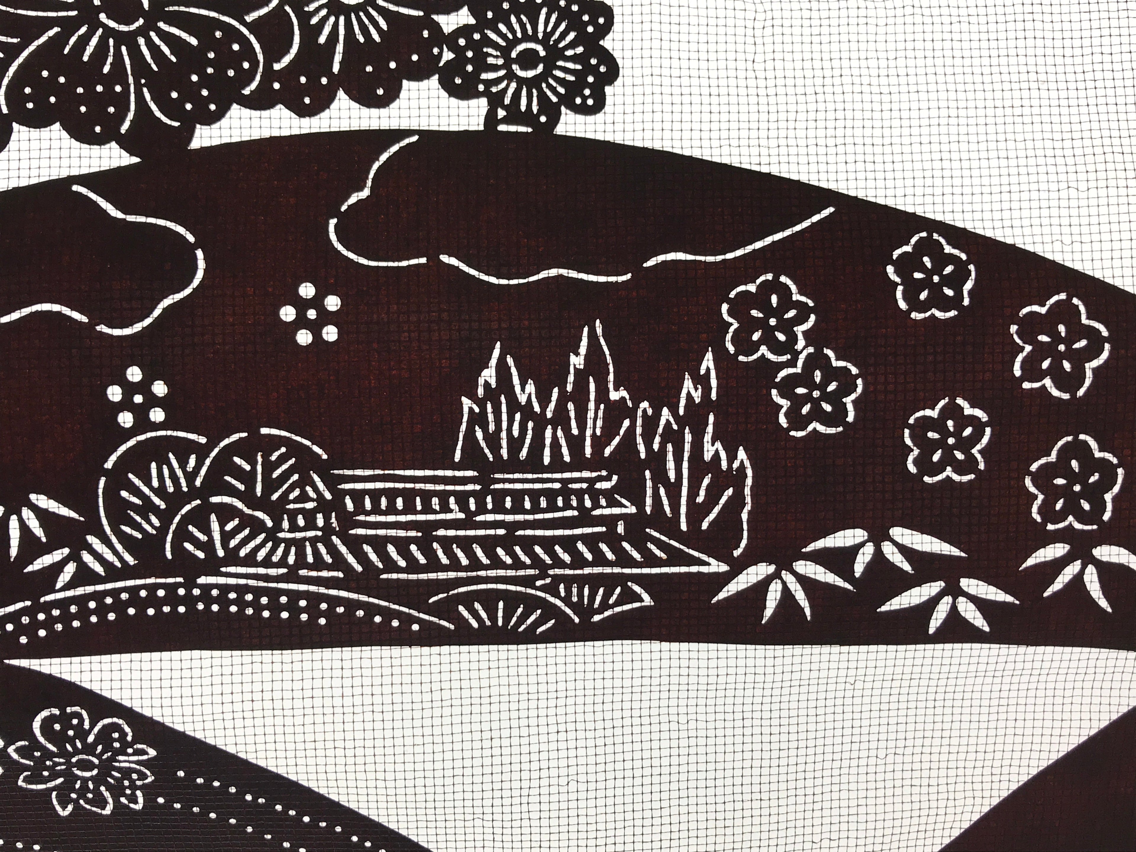 Antique Japanese Katagami Paper Kimono Stencil Cherry Blossom Village Iris A634