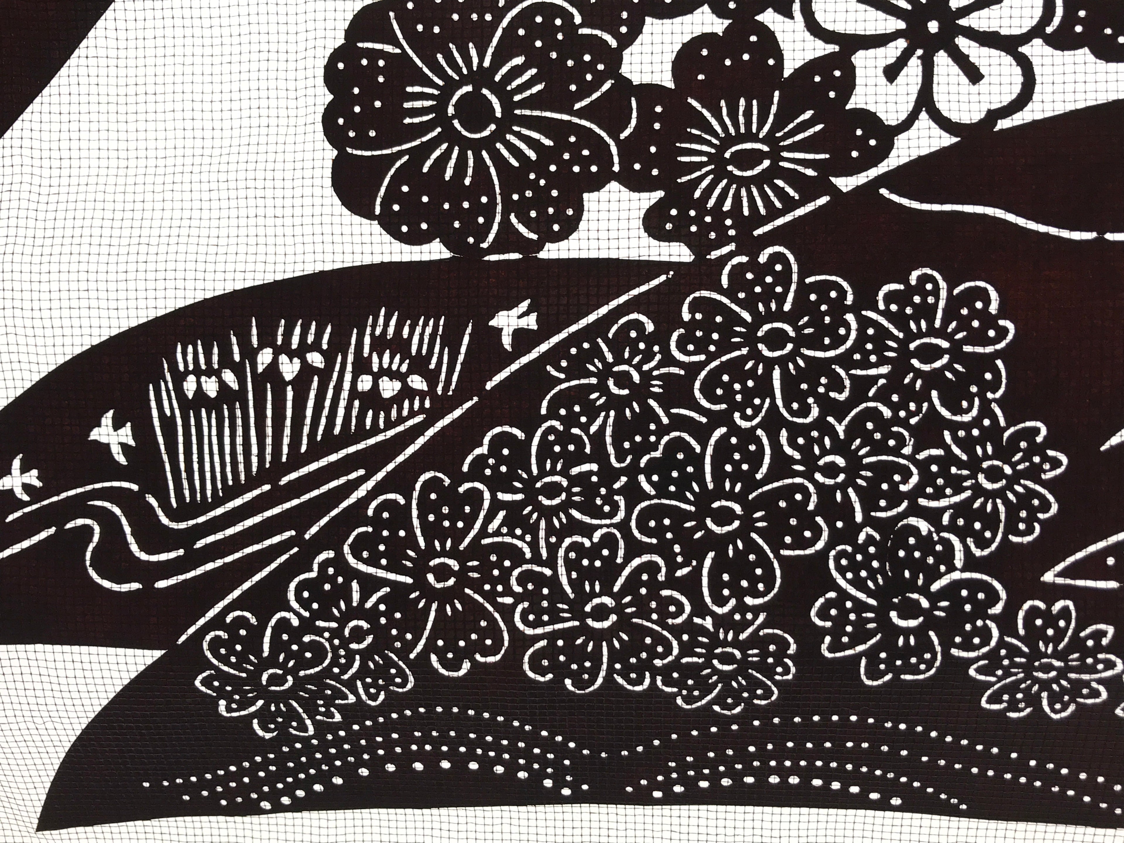 Antique Japanese Katagami Paper Kimono Stencil Cherry Blossom Village Iris A634