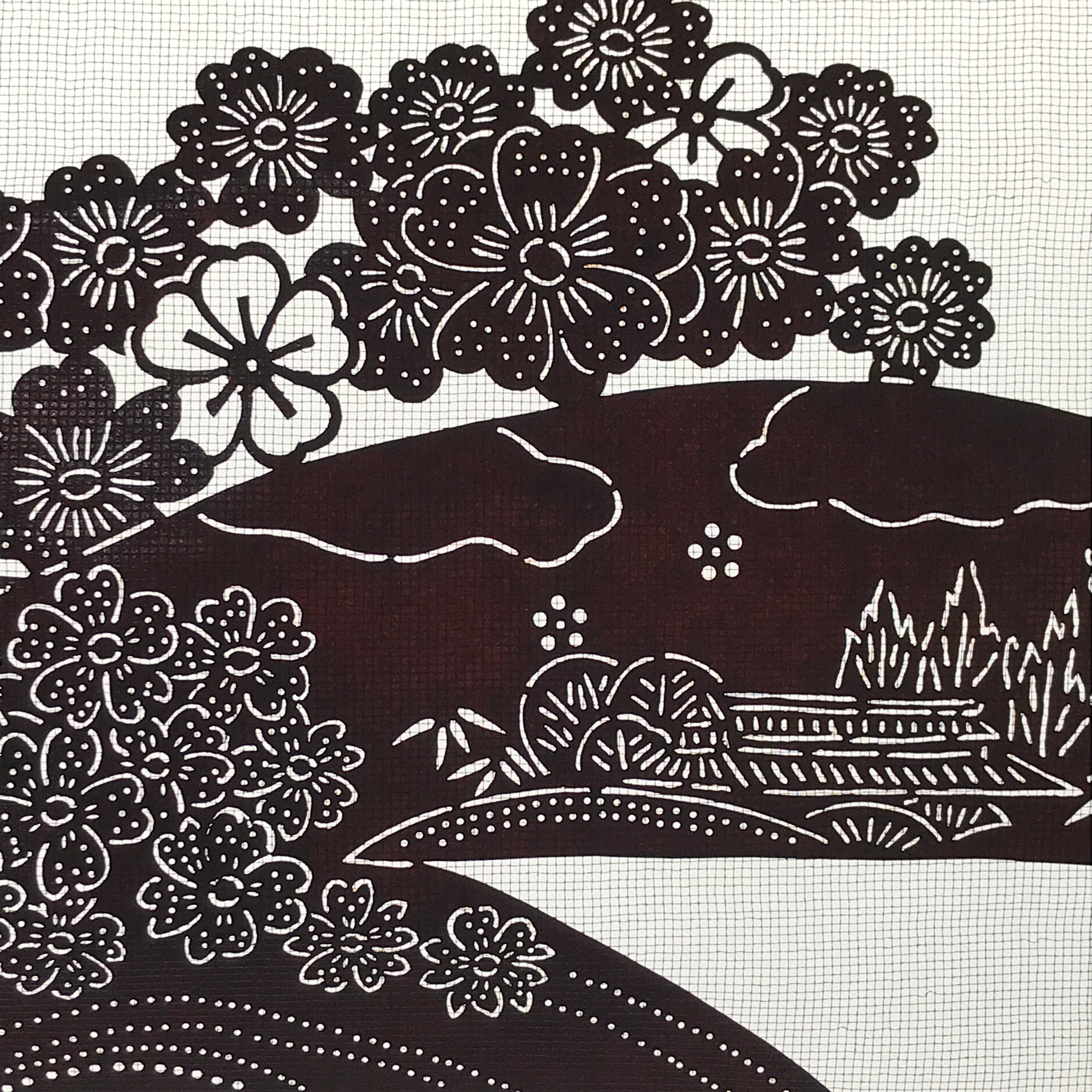 Antique Japanese Katagami Paper Kimono Stencil Cherry Blossom Village Iris A634