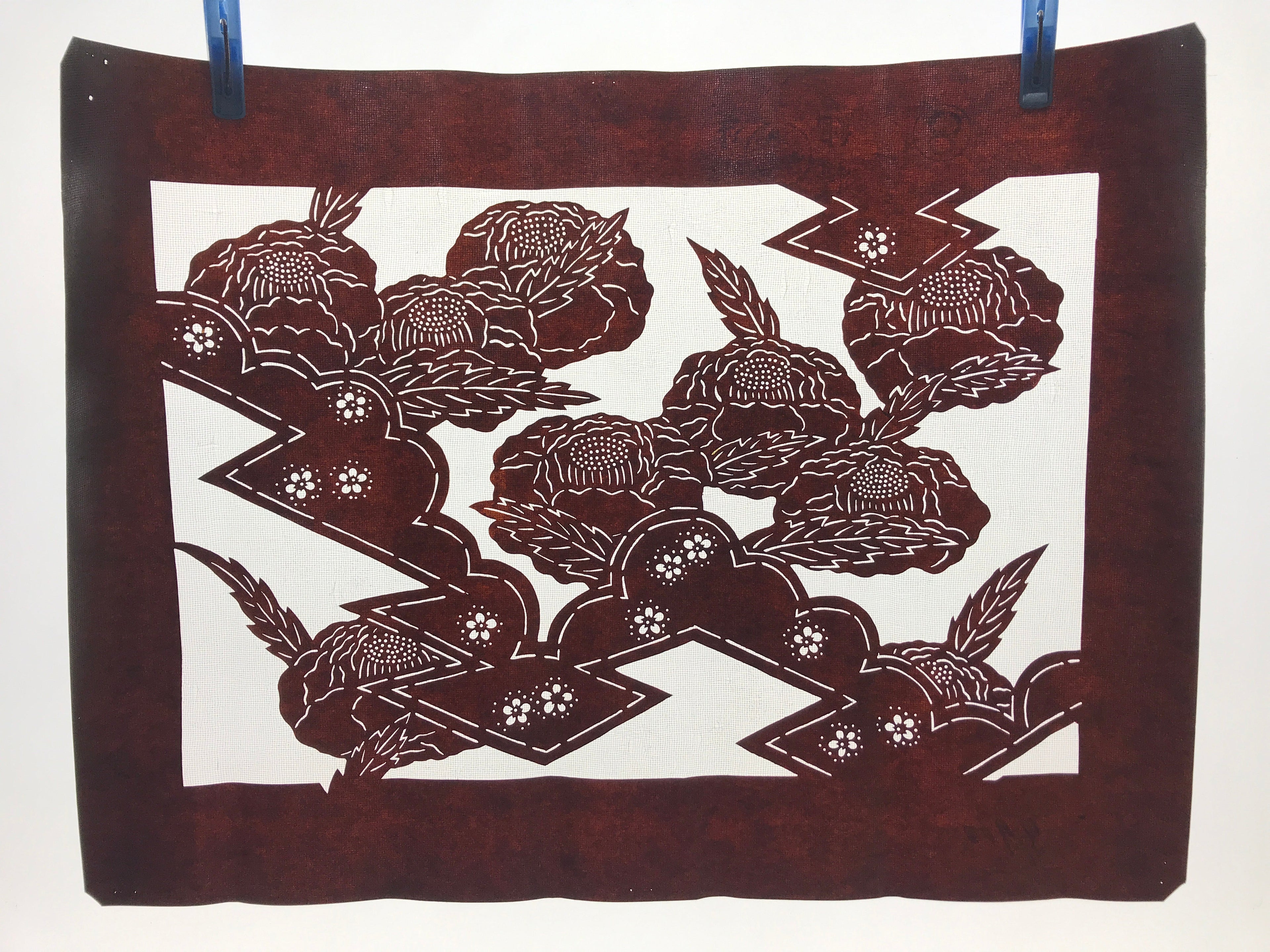 Antique Japanese Katagami Paper Kimono Stencil Katazome Camellia Flower A641
