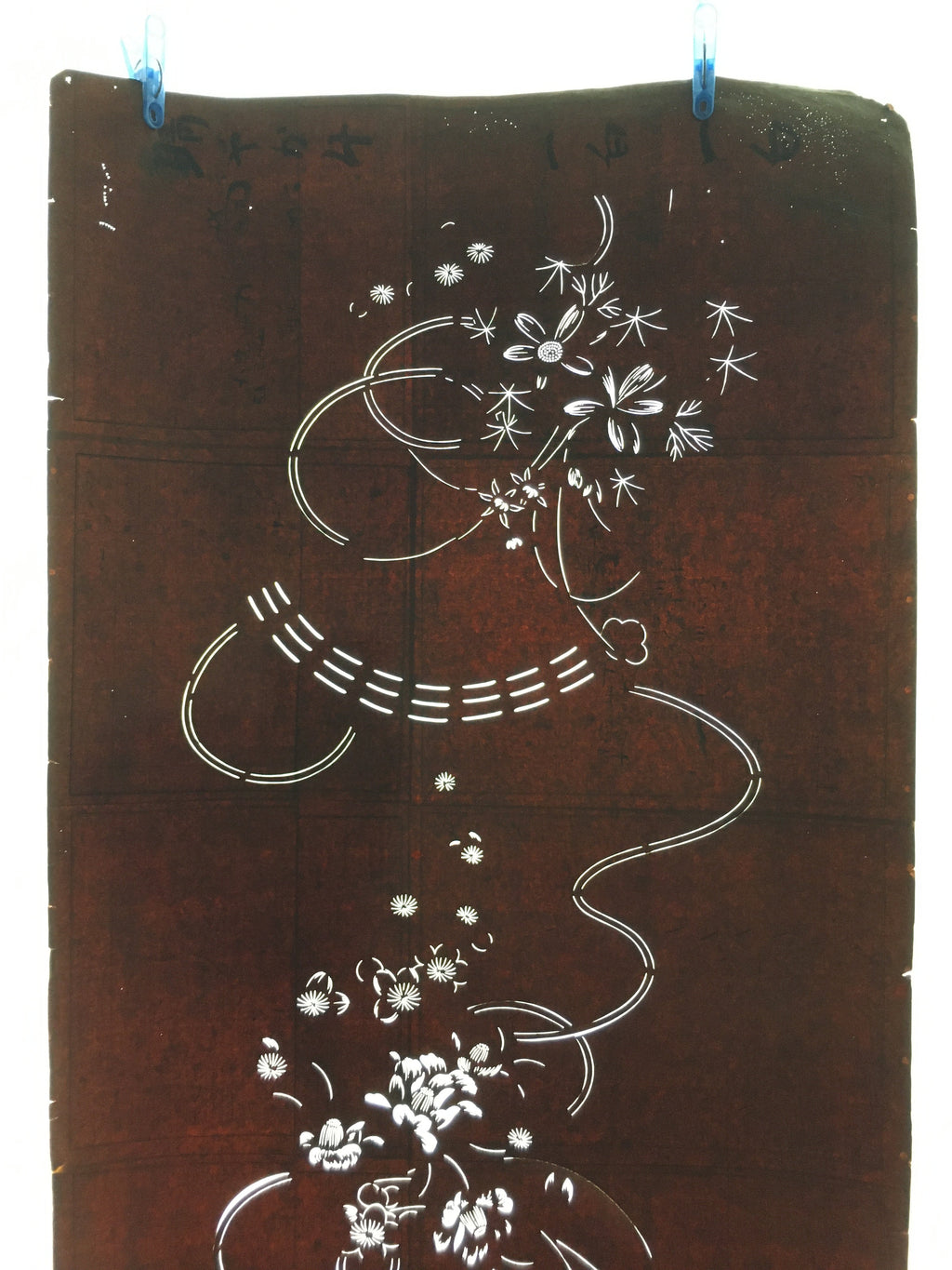 Antique Japanese Katagami Paper Kimono Stencil Katazome Flower and Ribbon Patter