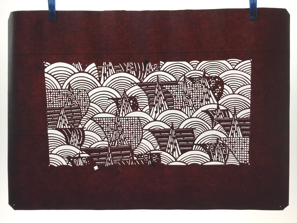 Antique Japanese Katagami Paper Kimono Stencil Ocean Sailing Boats Seigaiha A635
