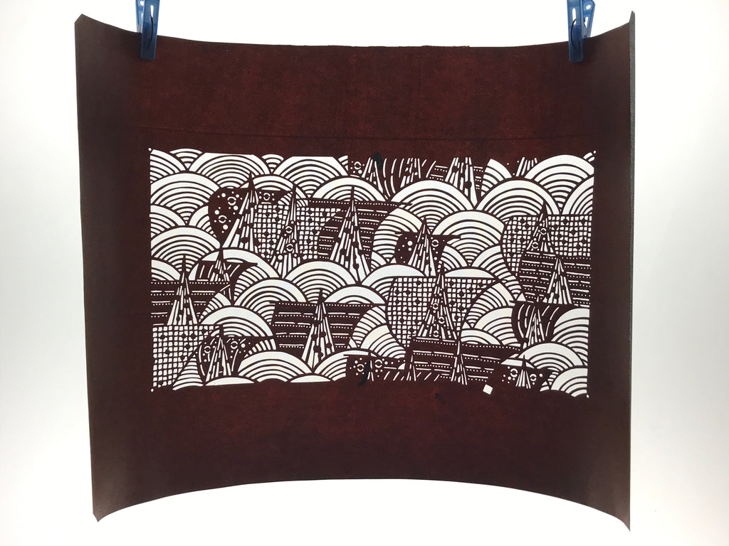Antique Japanese Katagami Paper Kimono Stencil Ocean Sailing Boats Seigaiha A635