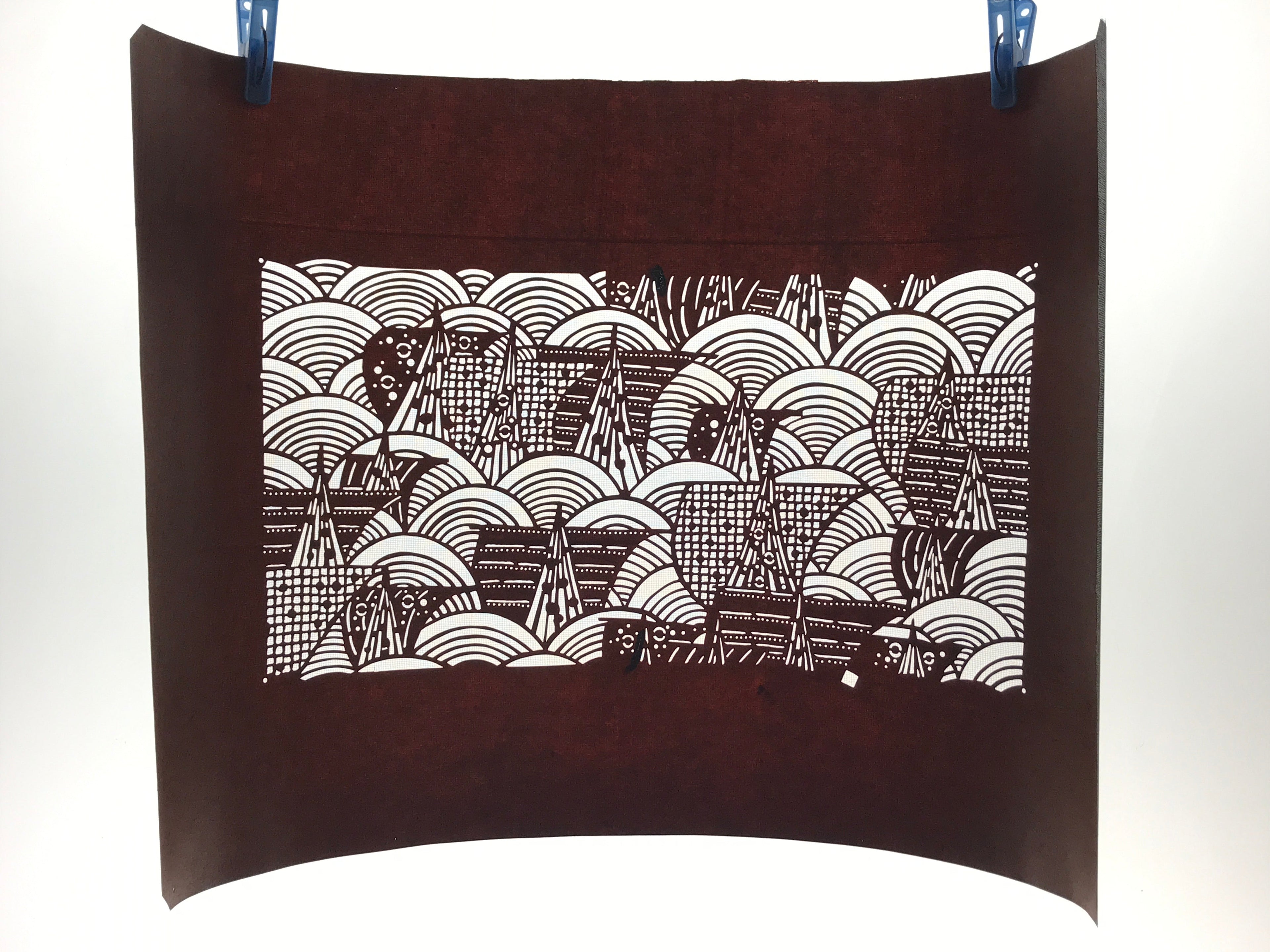 Antique Japanese Katagami Paper Kimono Stencil Ocean Sailing Boats Seigaiha A635