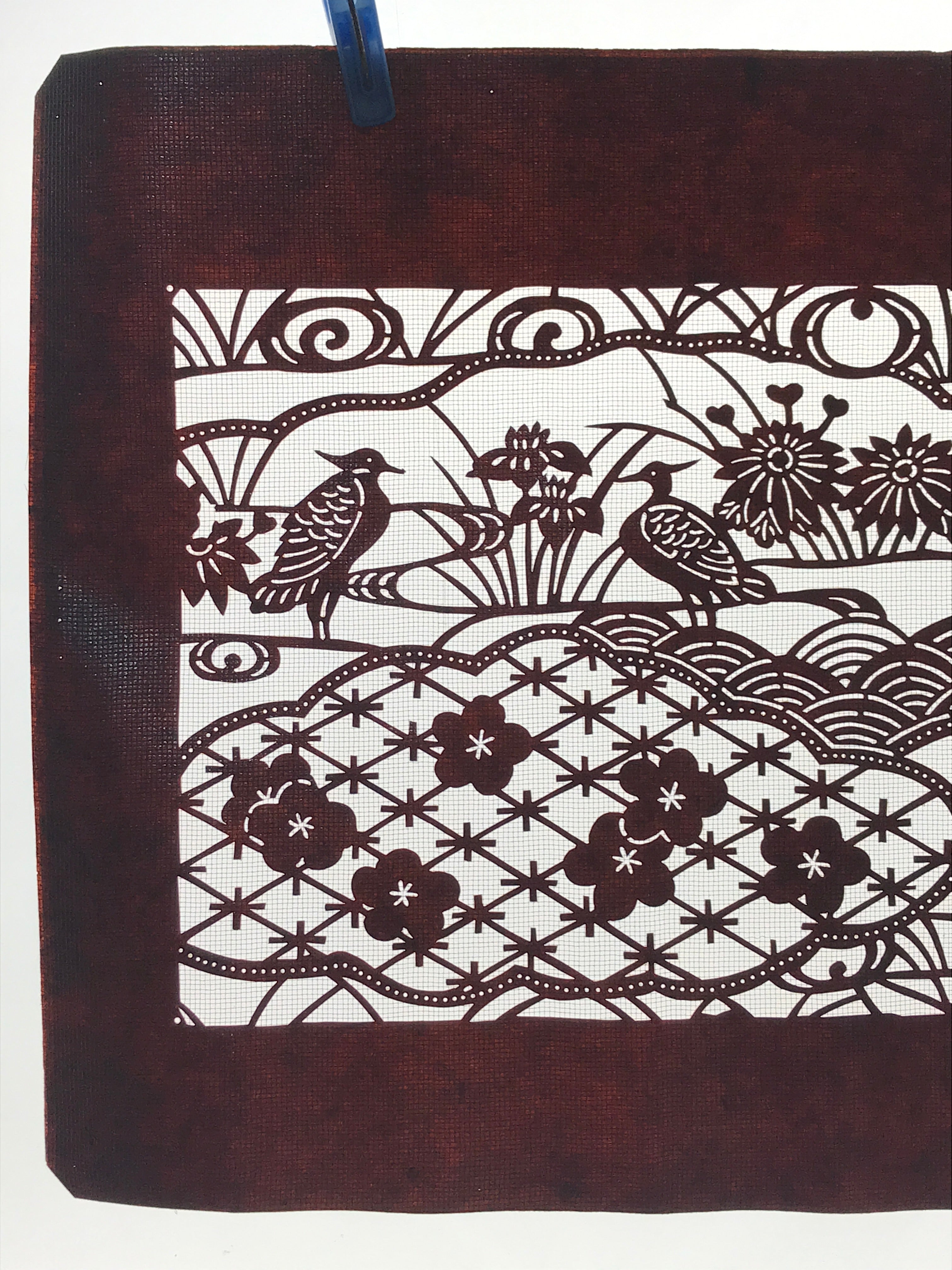 Antique Japanese Katagami Paper Kimono Stencil Pond Birds Iris Plum Blossom A622