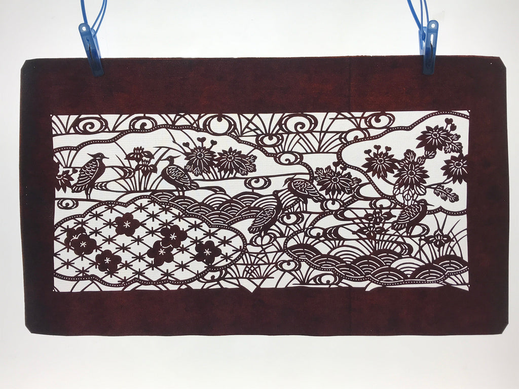 Antique Japanese Katagami Paper Kimono Stencil Pond Birds Iris Plum Blossom A622