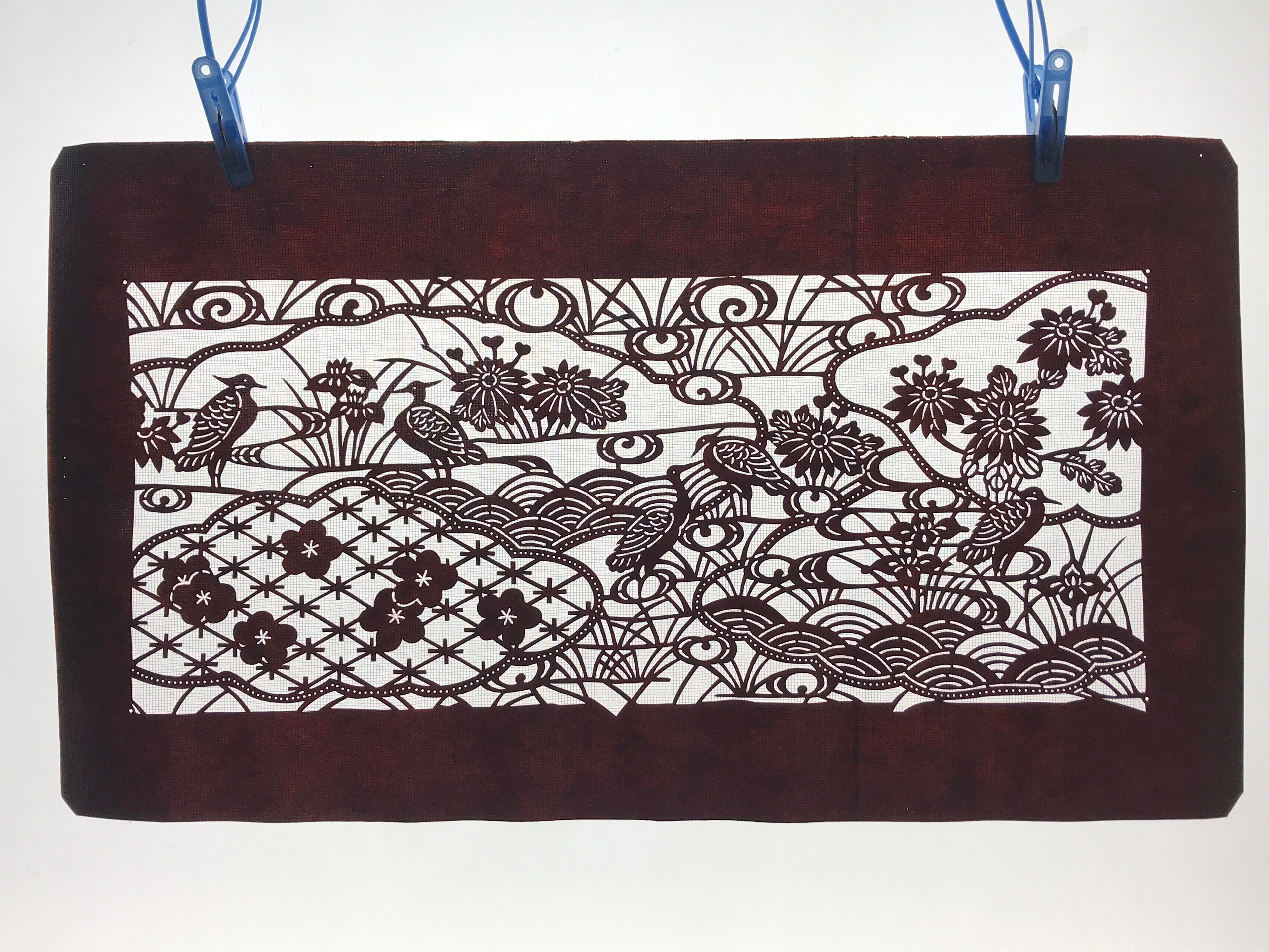 Antique Japanese Katagami Paper Kimono Stencil Pond Birds Iris Plum Blossom A622