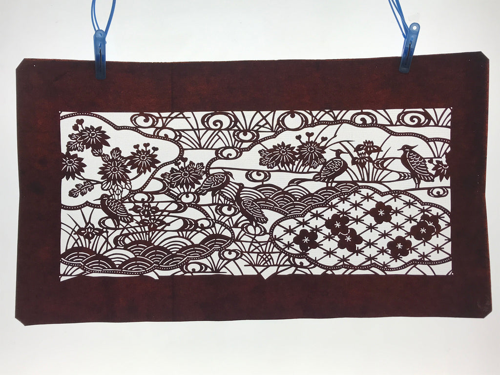 Antique Japanese Katagami Paper Kimono Stencil Pond Birds Iris Plum Blossom A622