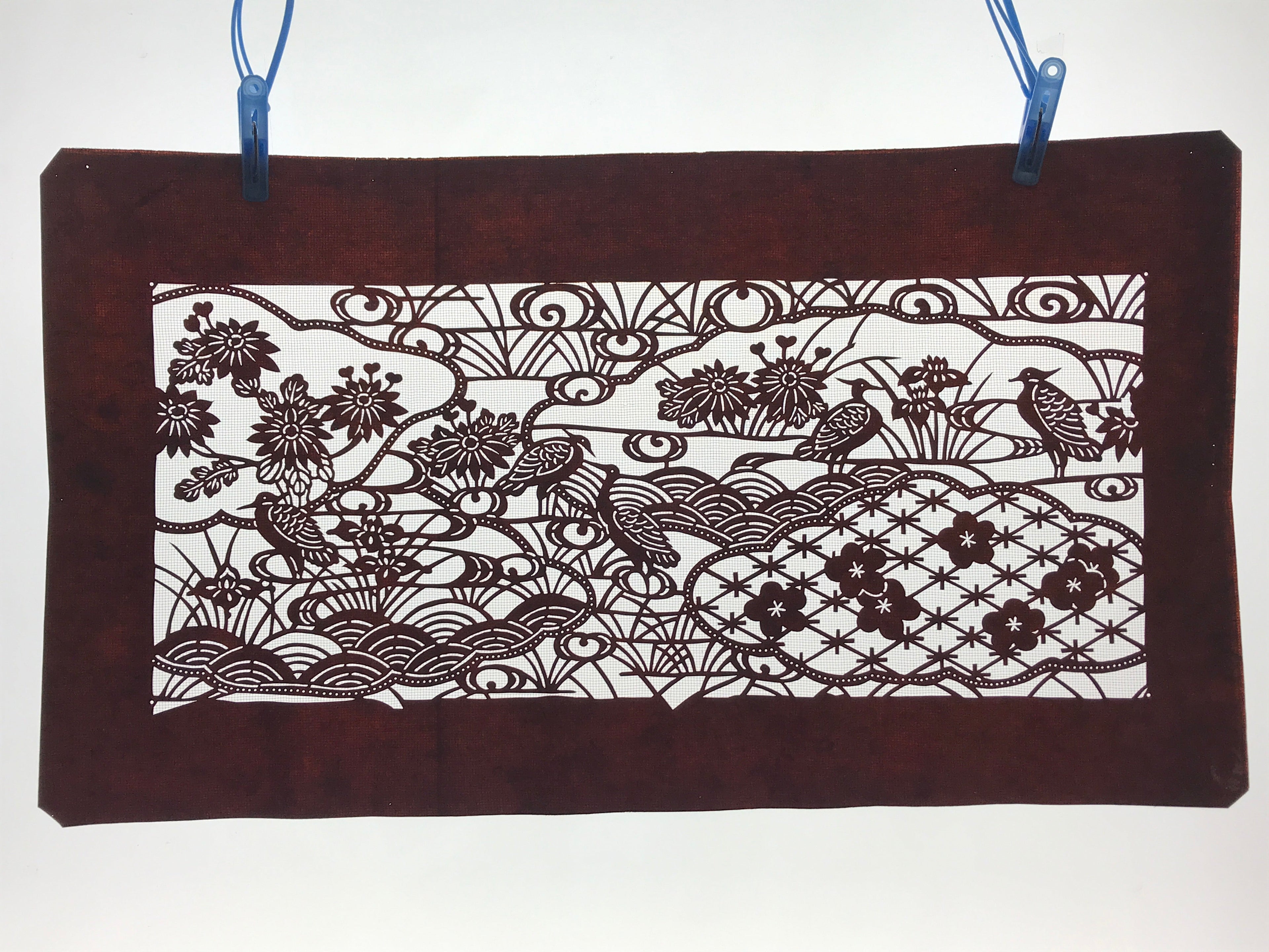 Antique Japanese Katagami Paper Kimono Stencil Pond Birds Iris Plum Blossom A622