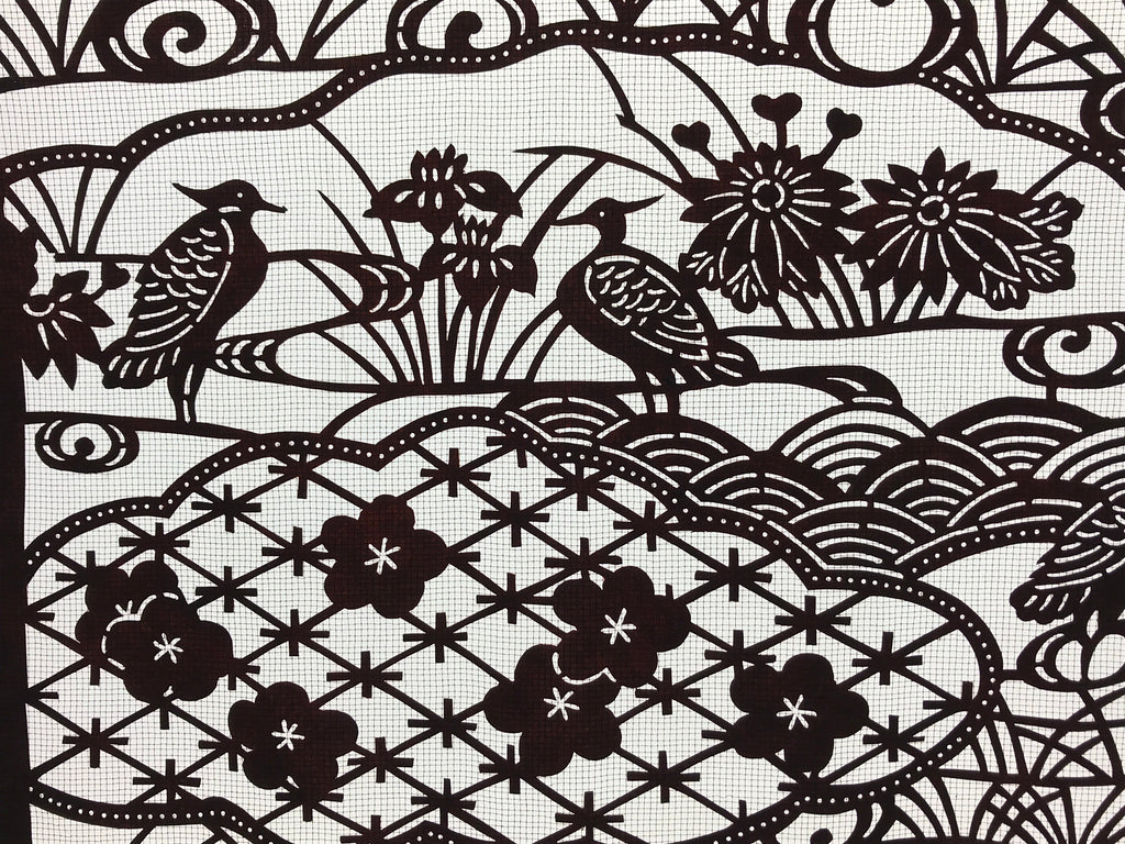 Antique Japanese Katagami Paper Kimono Stencil Pond Birds Iris Plum Blossom A622