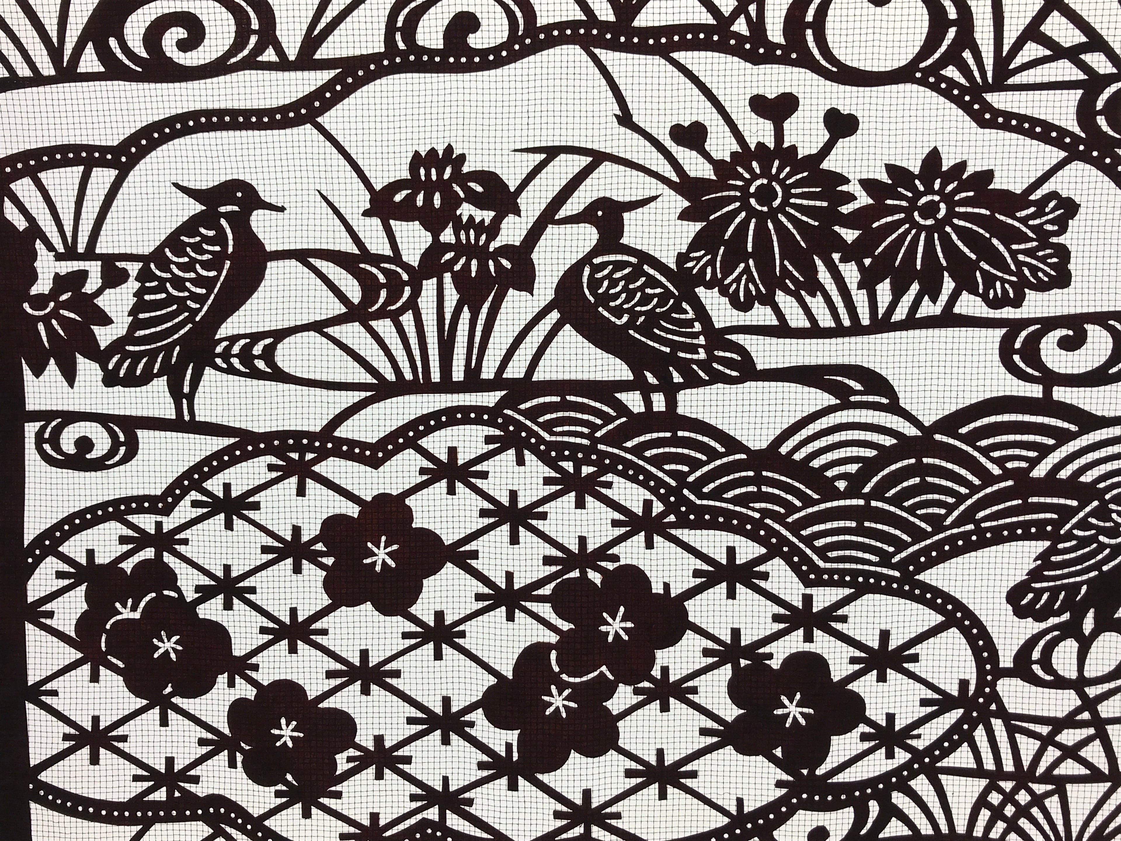 Antique Japanese Katagami Paper Kimono Stencil Pond Birds Iris Plum Blossom A622
