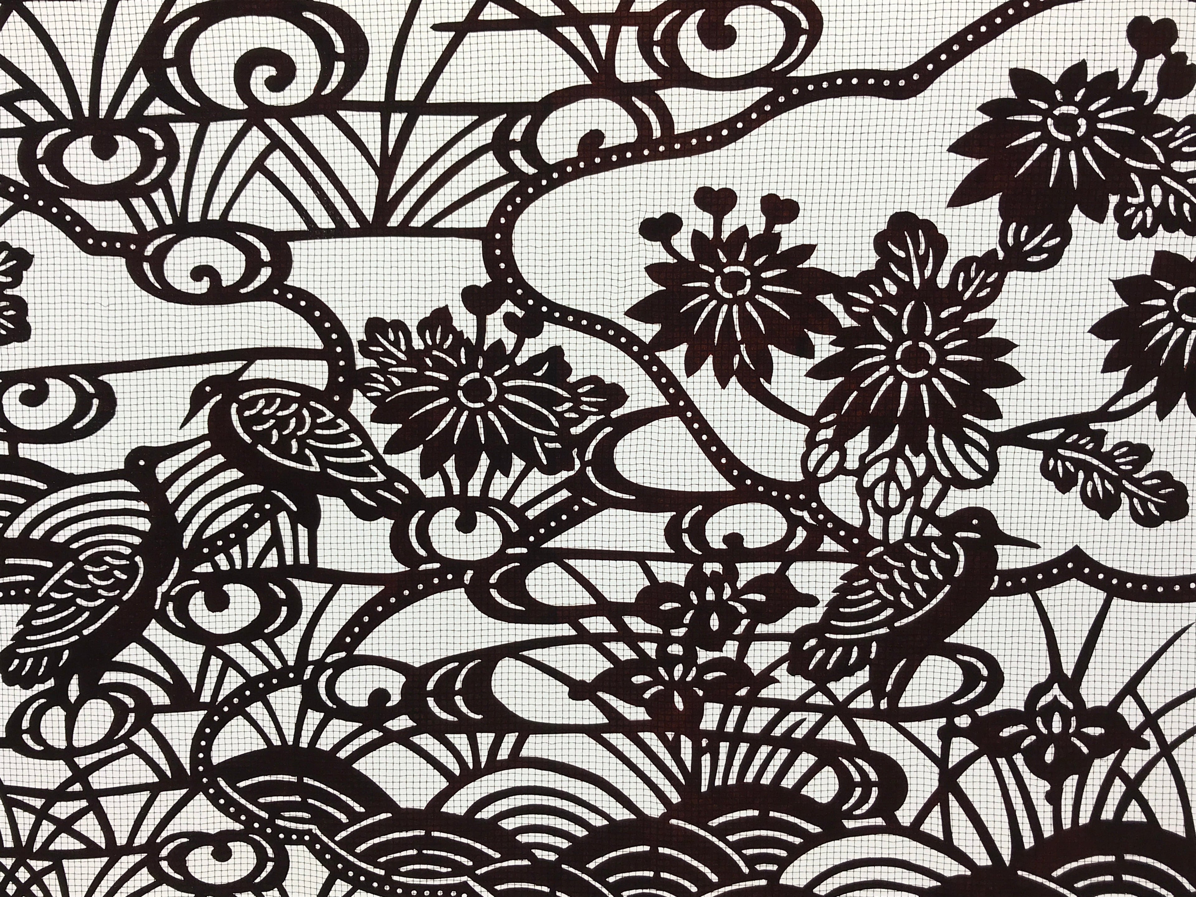 Antique Japanese Katagami Paper Kimono Stencil Pond Birds Iris Plum Blossom A622