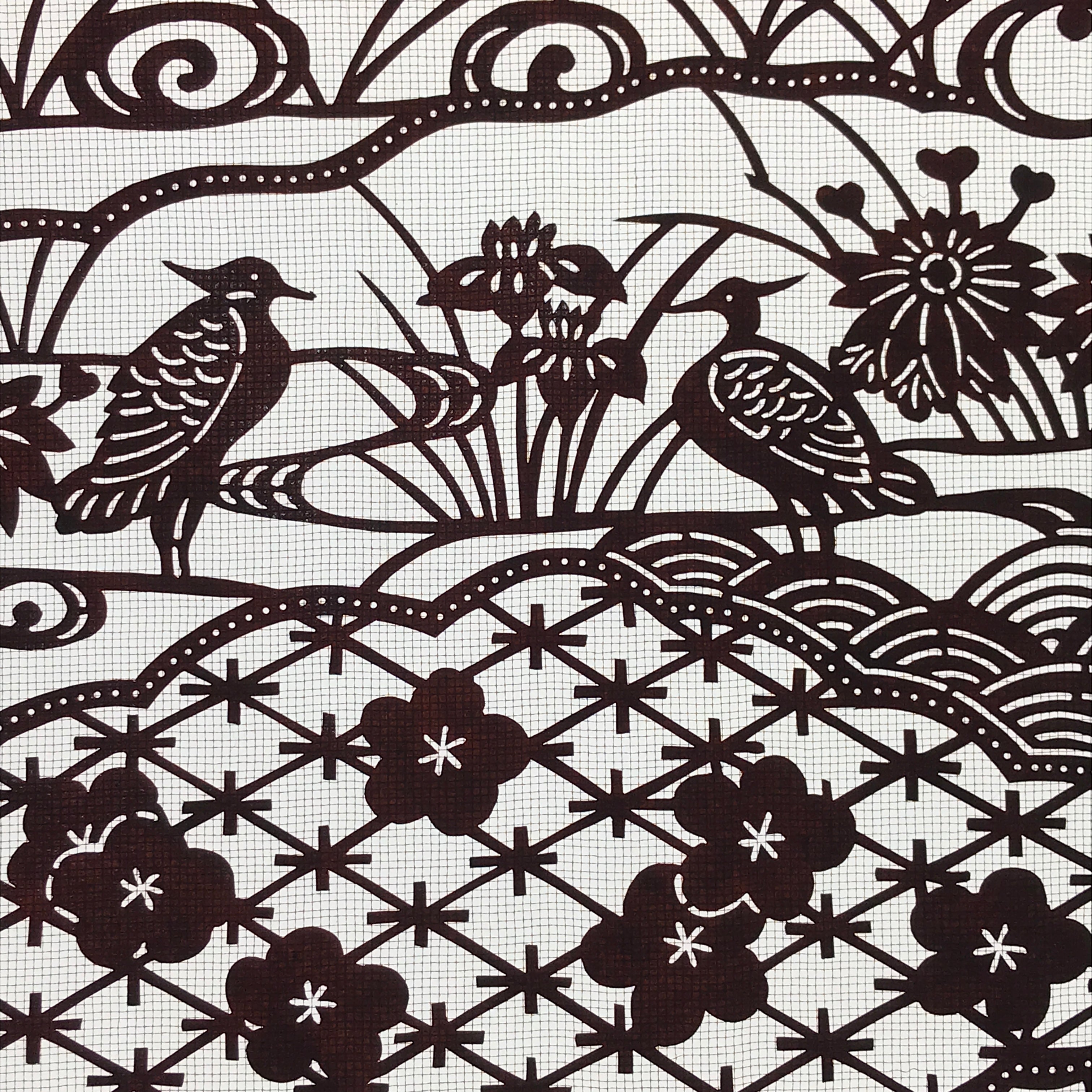Antique Japanese Katagami Paper Kimono Stencil Pond Birds Iris Plum Blossom A622